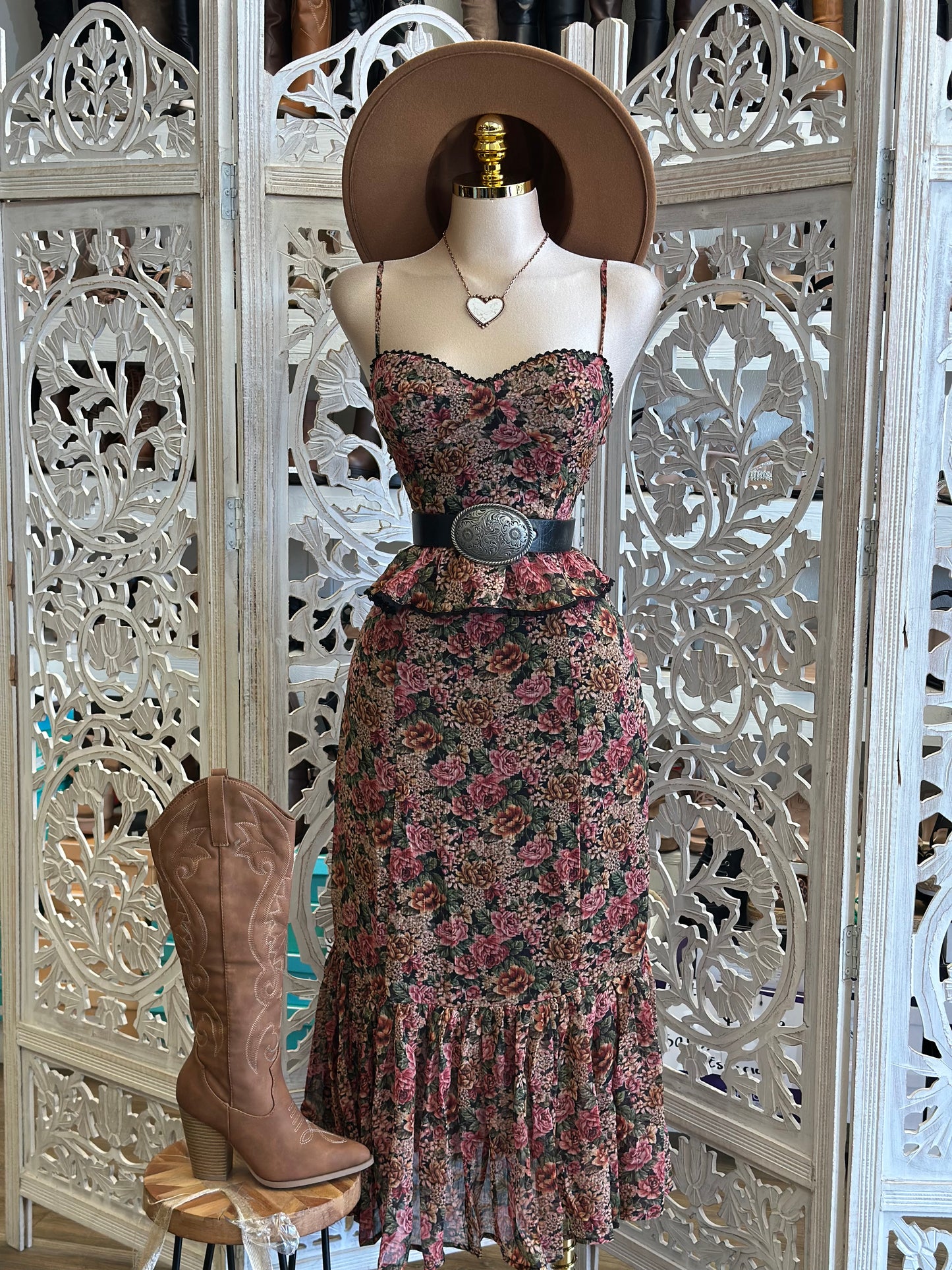 Cami Floral Rustic Midi Dress- Not Stretchy, No Estira