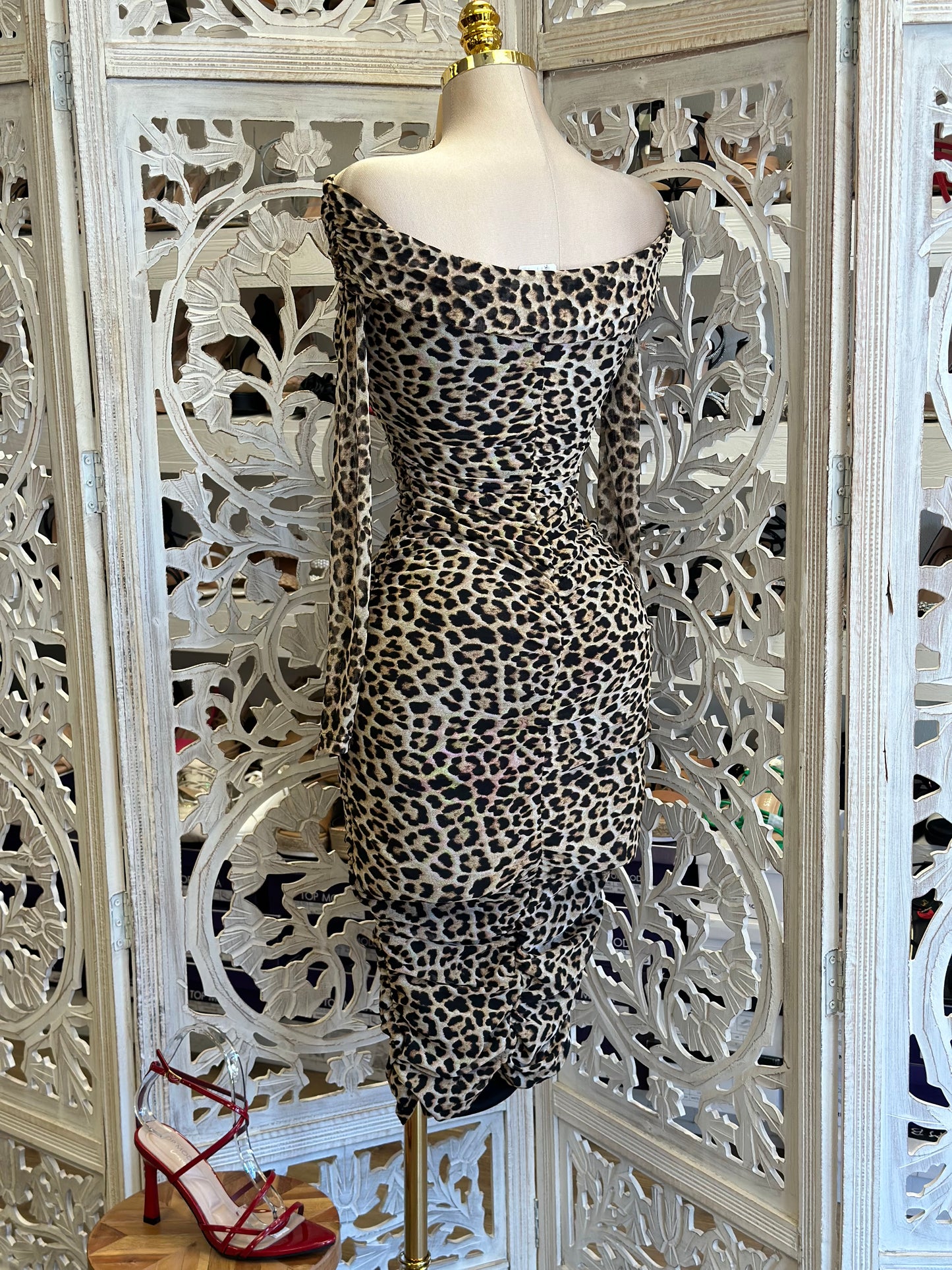 Leopard Print Off Shoulder Midi Dress- Stretchy, Estira
