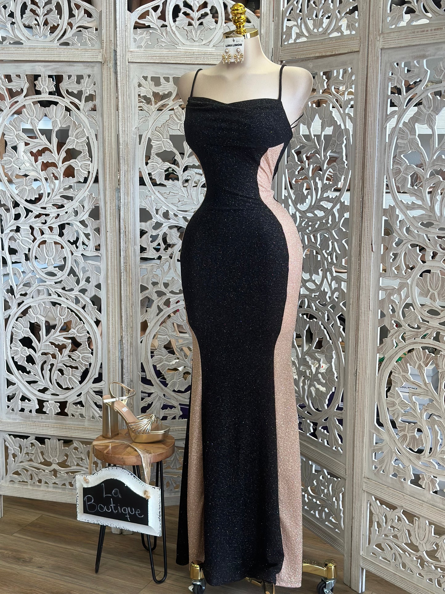 Curvy Lined Glitter Formal Dress- Stretchy,Estira