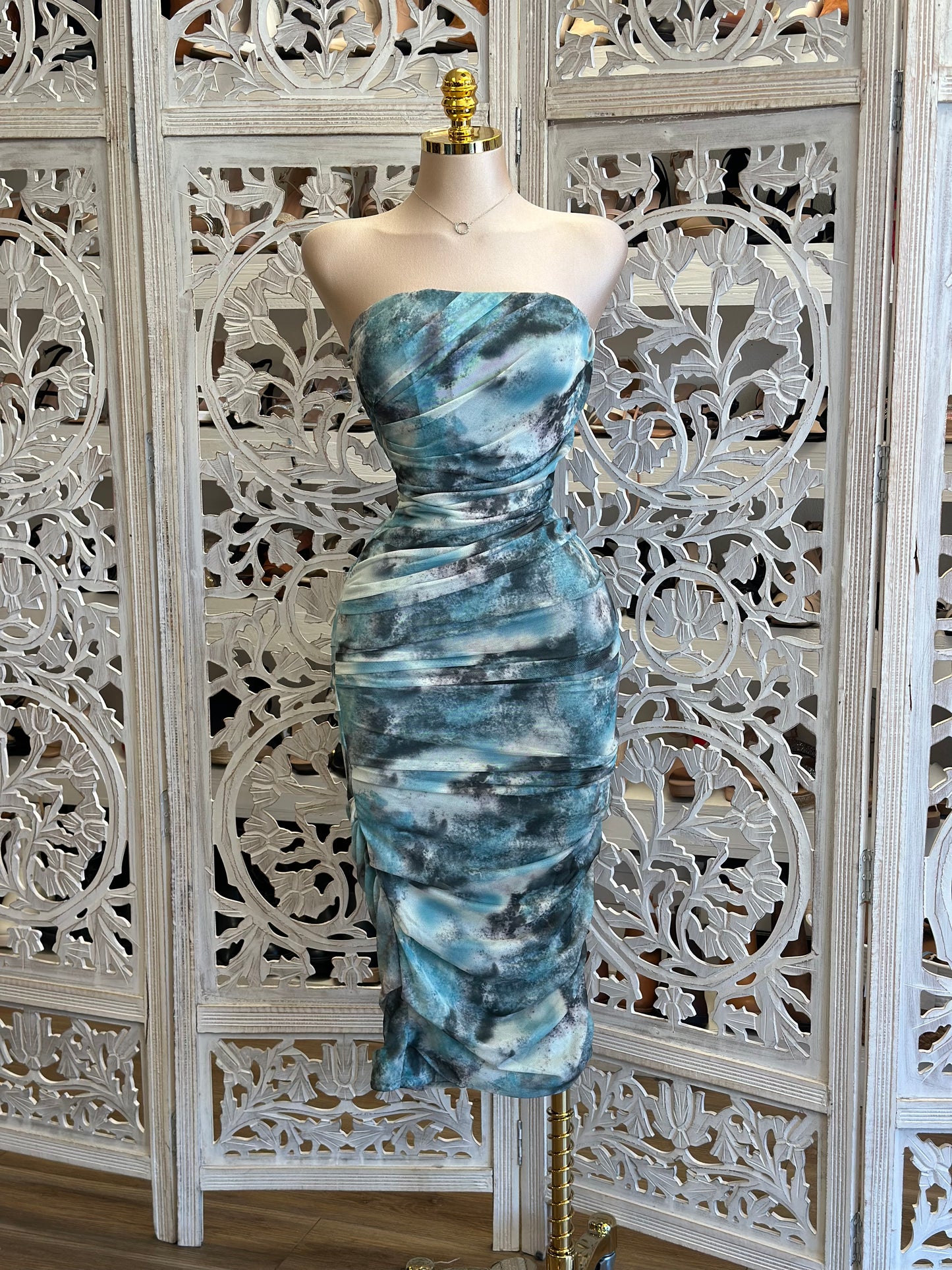 Strapless Ruched Multi Pattern Dress - Estira, Stretchy
