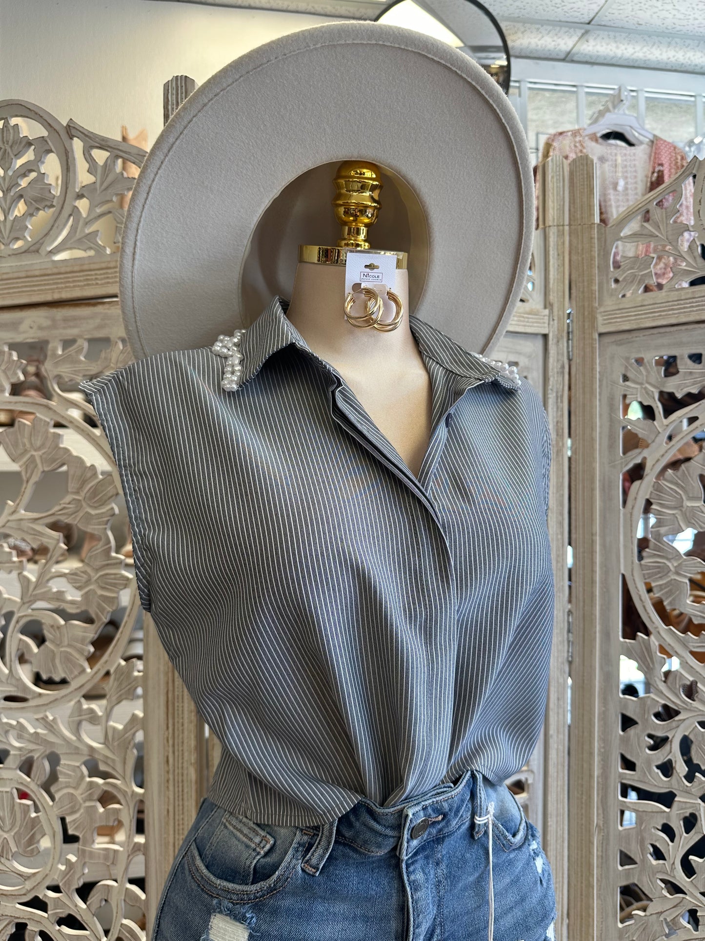 Heathered Stripe Pearl Collar Blouse - Stretchy, Estira