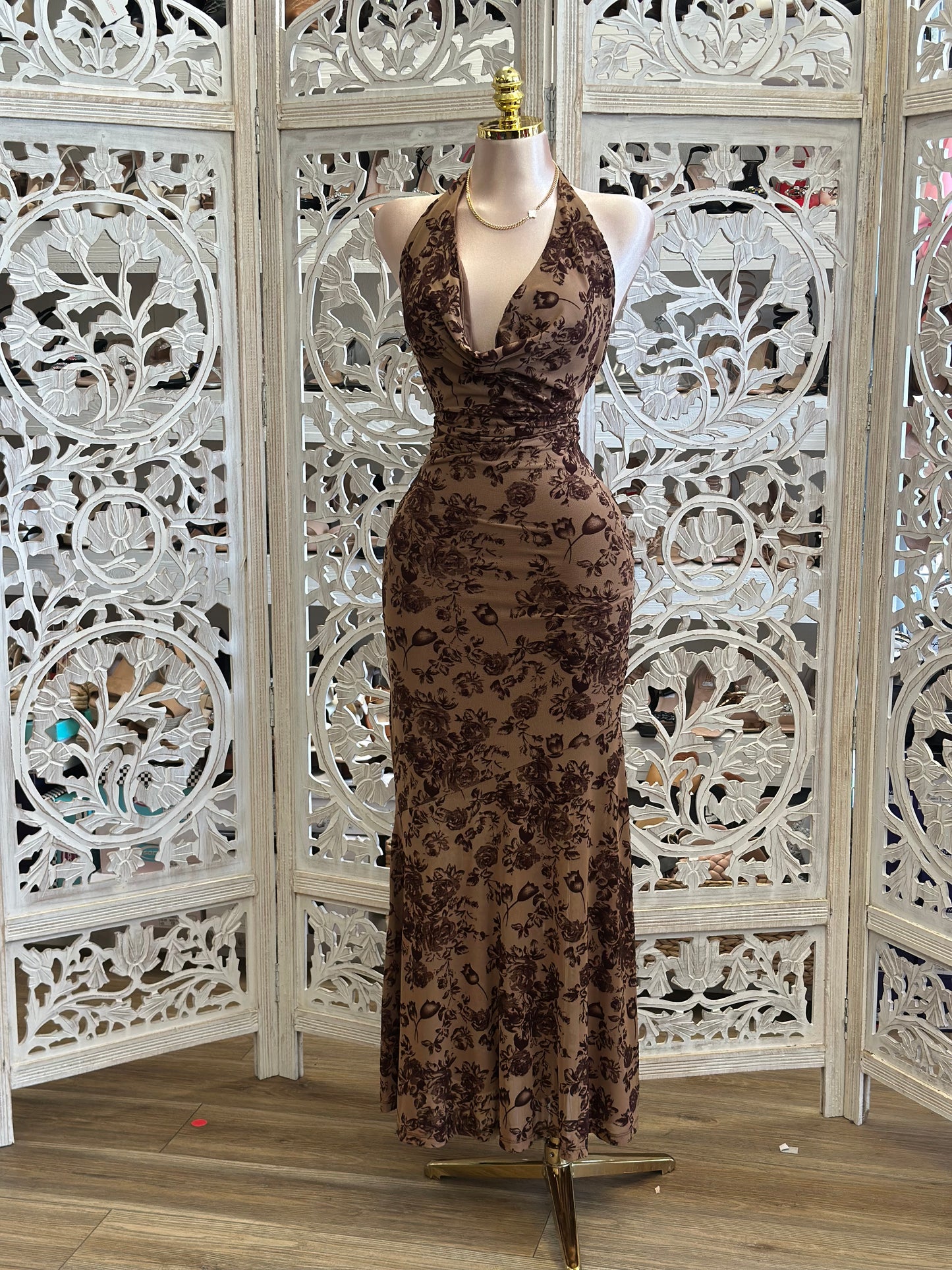 Cowl Neck Floral Brown Dress- Stretchy, Estira
