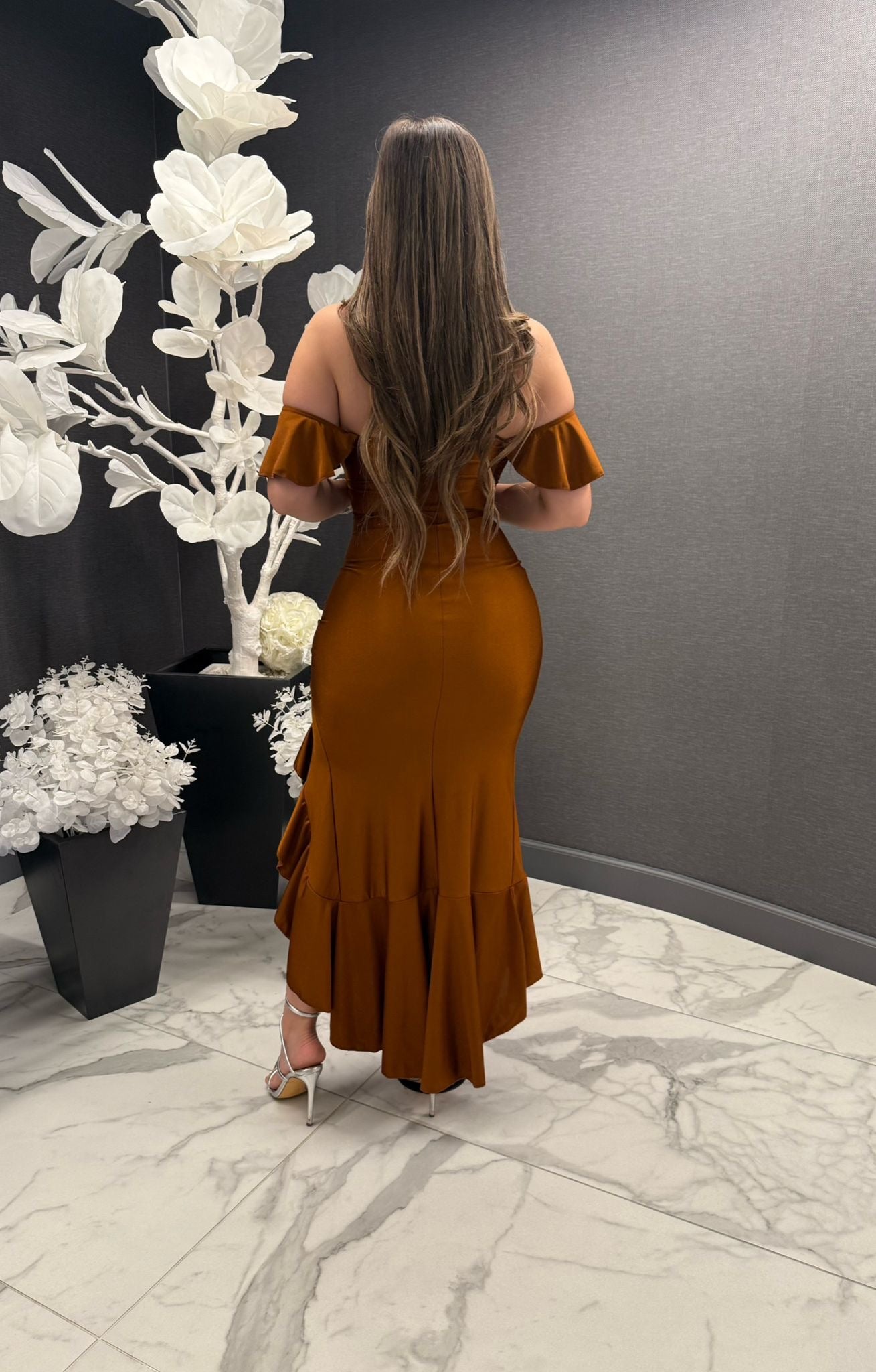 Dull Brick Cutout Scrunched Dress- Stretchy, Estira