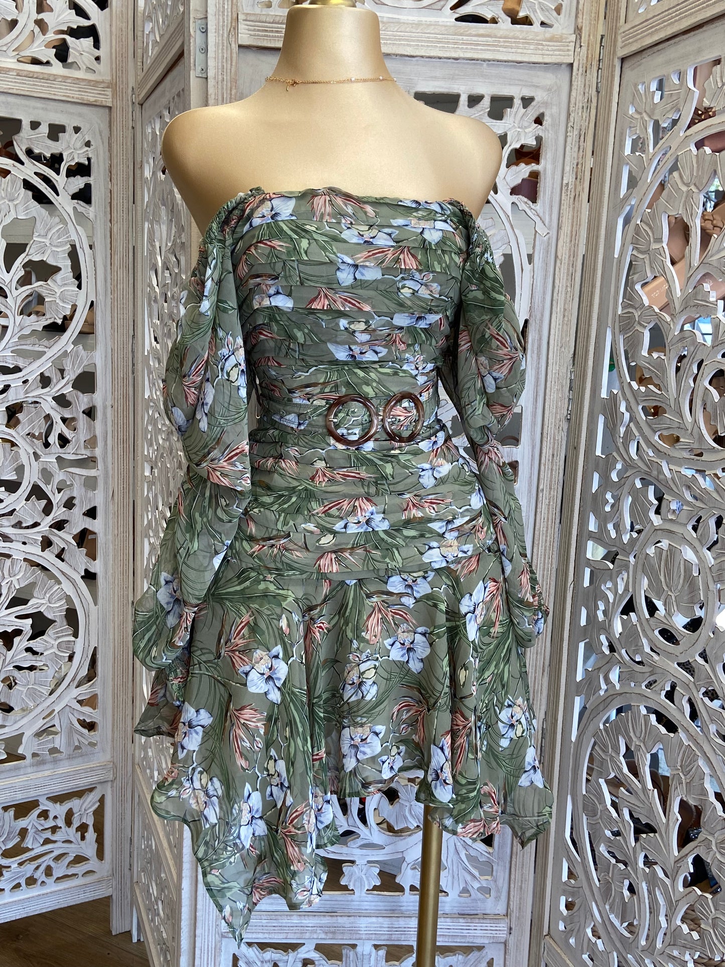 Square Neck Olive Floral Dress