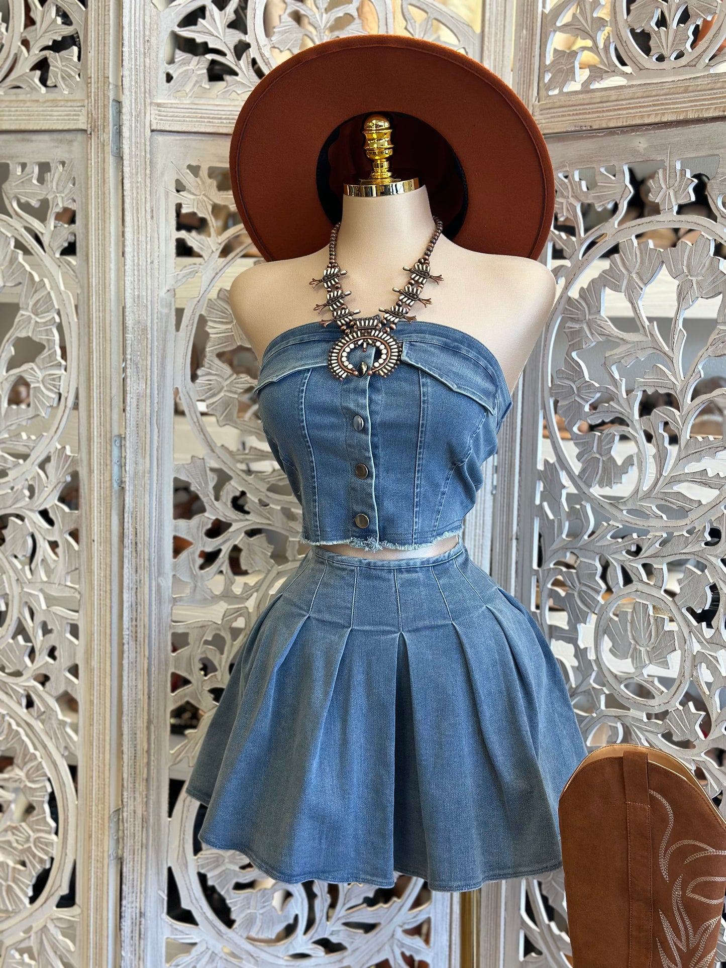 Denim Mini Skirt Set- Estira, Stretchy