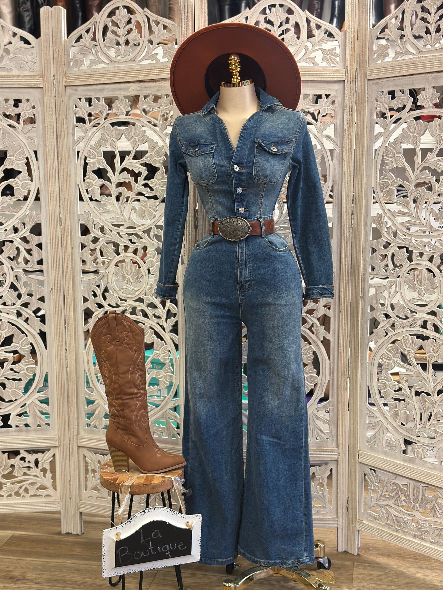 Denim Wide Leg Jumpsuit- Stretchy, Estira