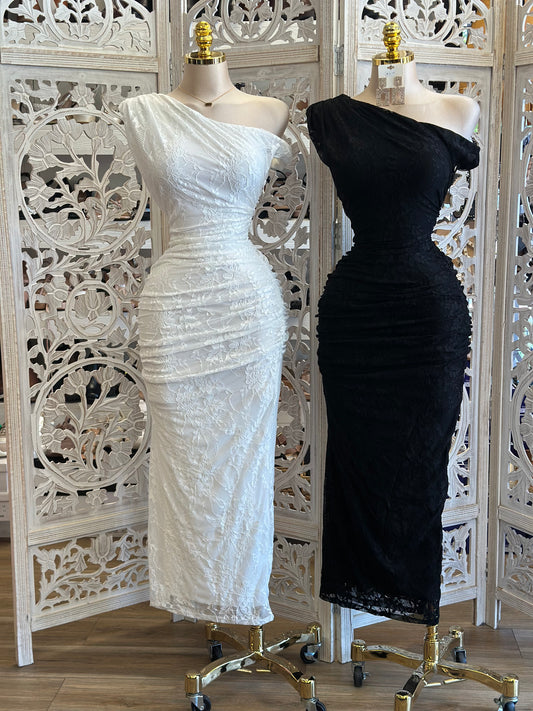 Lace Assymetrical Midi Dress-Estira , Stretchy