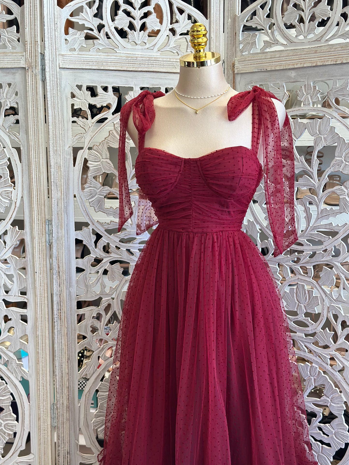 Burgundy Tulle Ribbon Strap Midi Dress - Estira, Stretchy