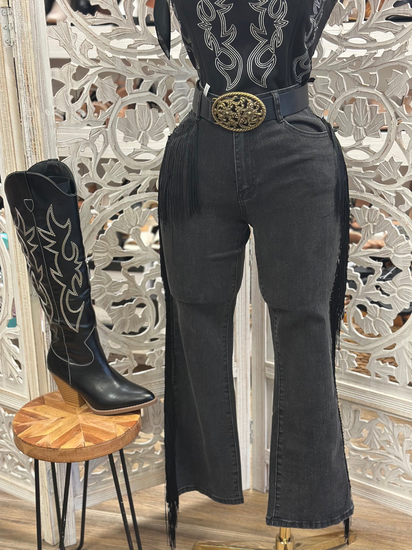Black Fringe Washed Jeans - Stretchy, Estira