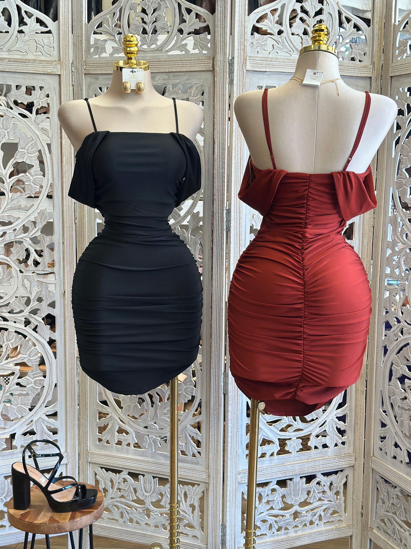 Off Shoulder Mini Ruched Dress- Stretchy