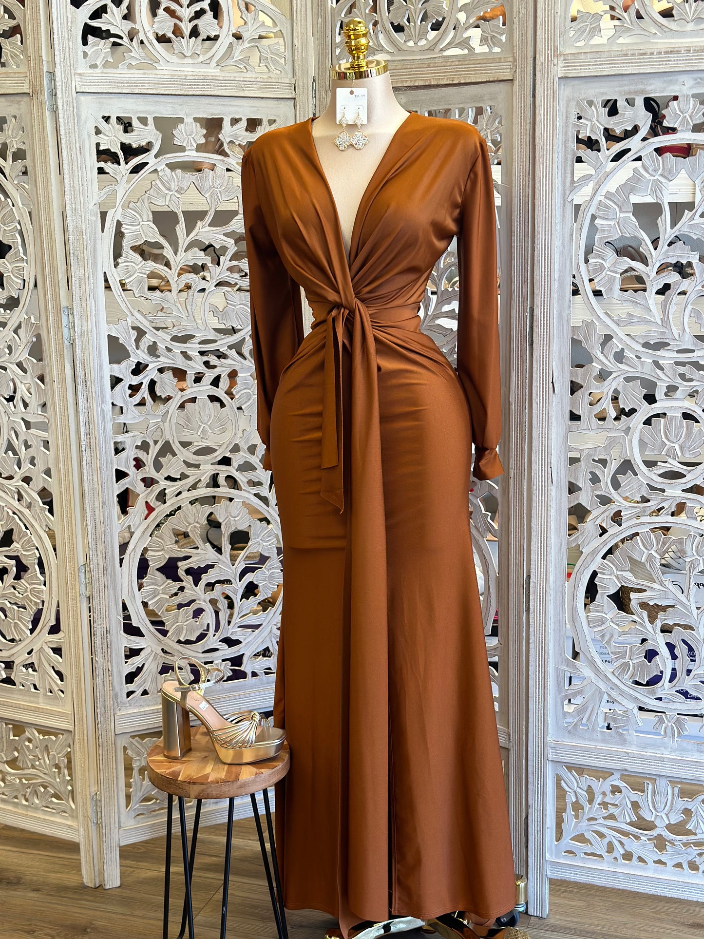 Knotted Bronze Maxi Dress- Stretchy, Estira