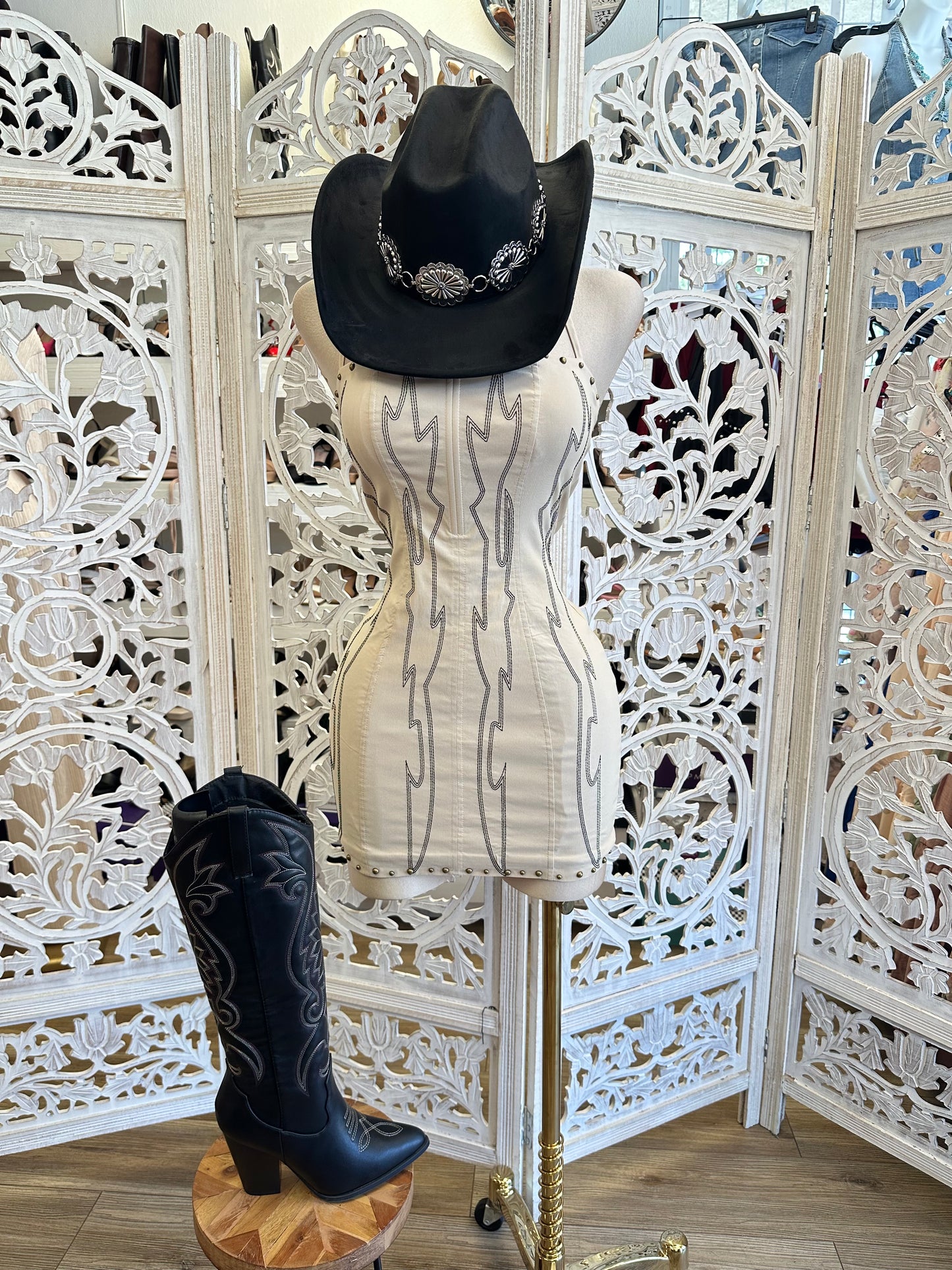 Bone Western Embroidered Dress-Stretchy, Estira