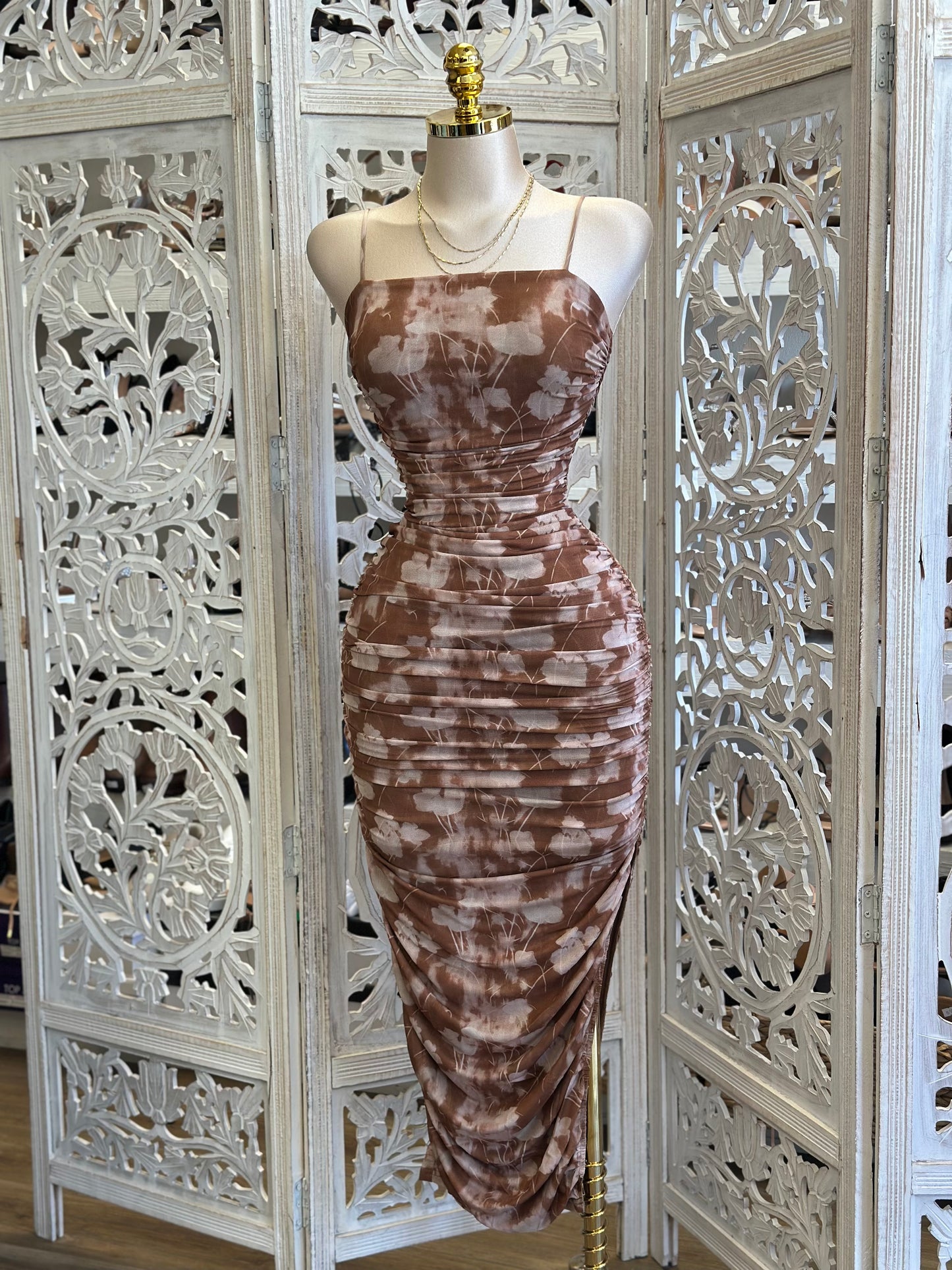 Brown Floral Ruched Dress - Estira, Stretchy