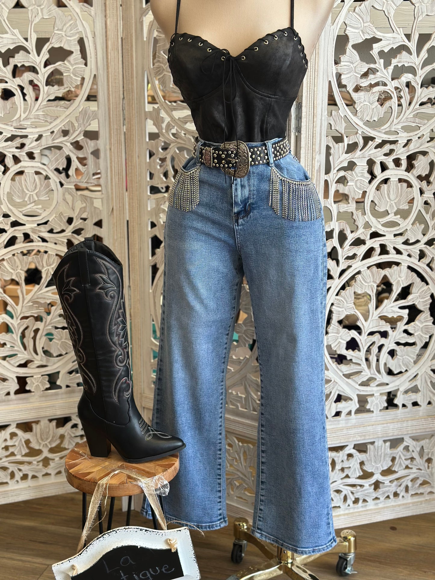Rhinestone Fringe Denim Wide Jeans - Stretchy, Estira
