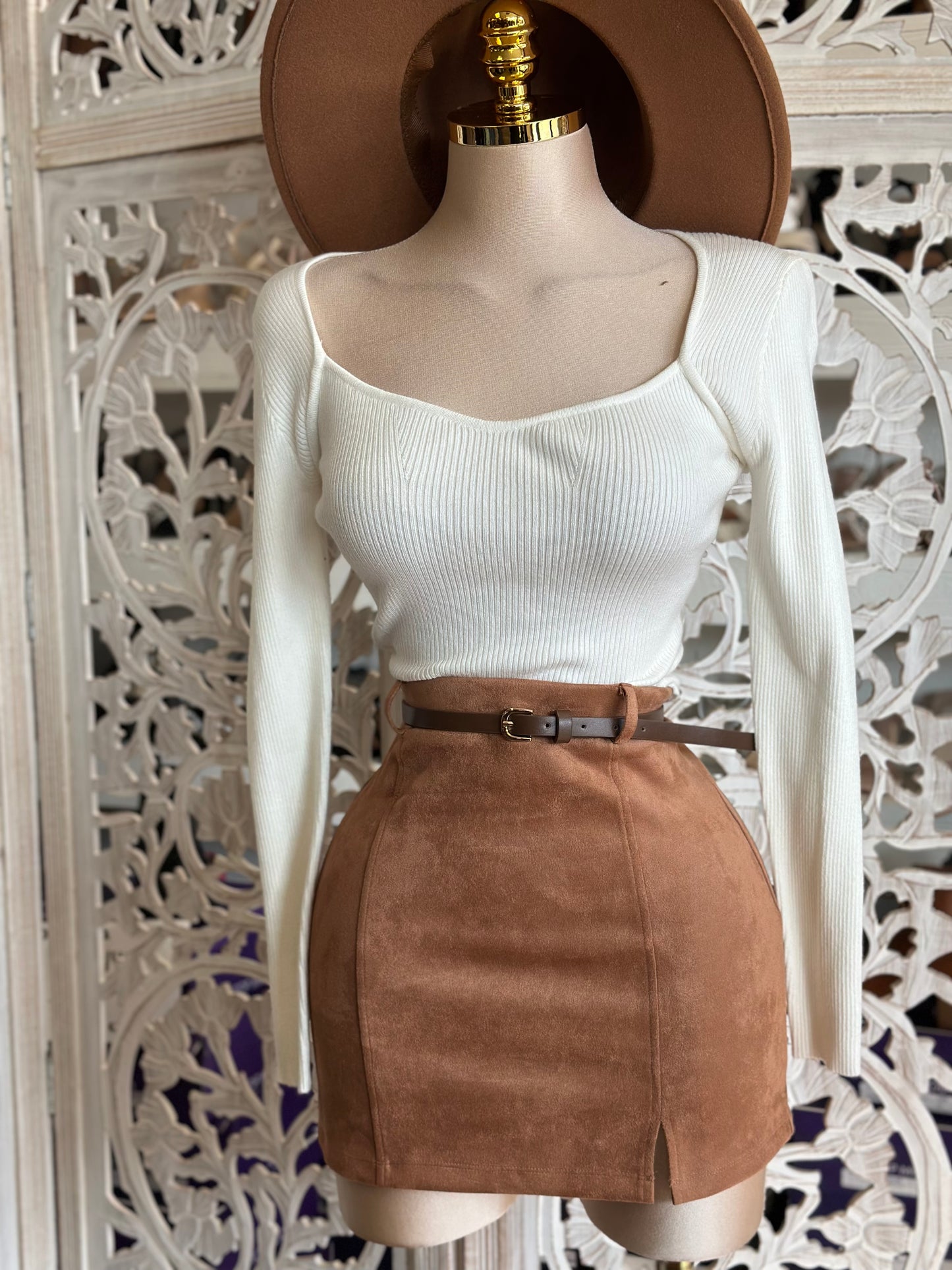Light Brown Suede Mini Skirt with Belt - Estira, Stretchy