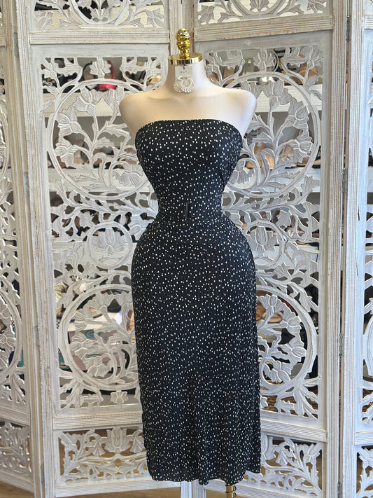Polka Dot Pleated Strapless Dress-Estira, Stretchy