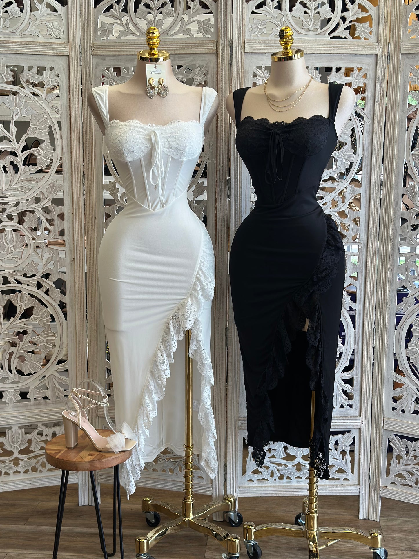 Lace Mesh Corset Midi Dress-Estira, Stretchy