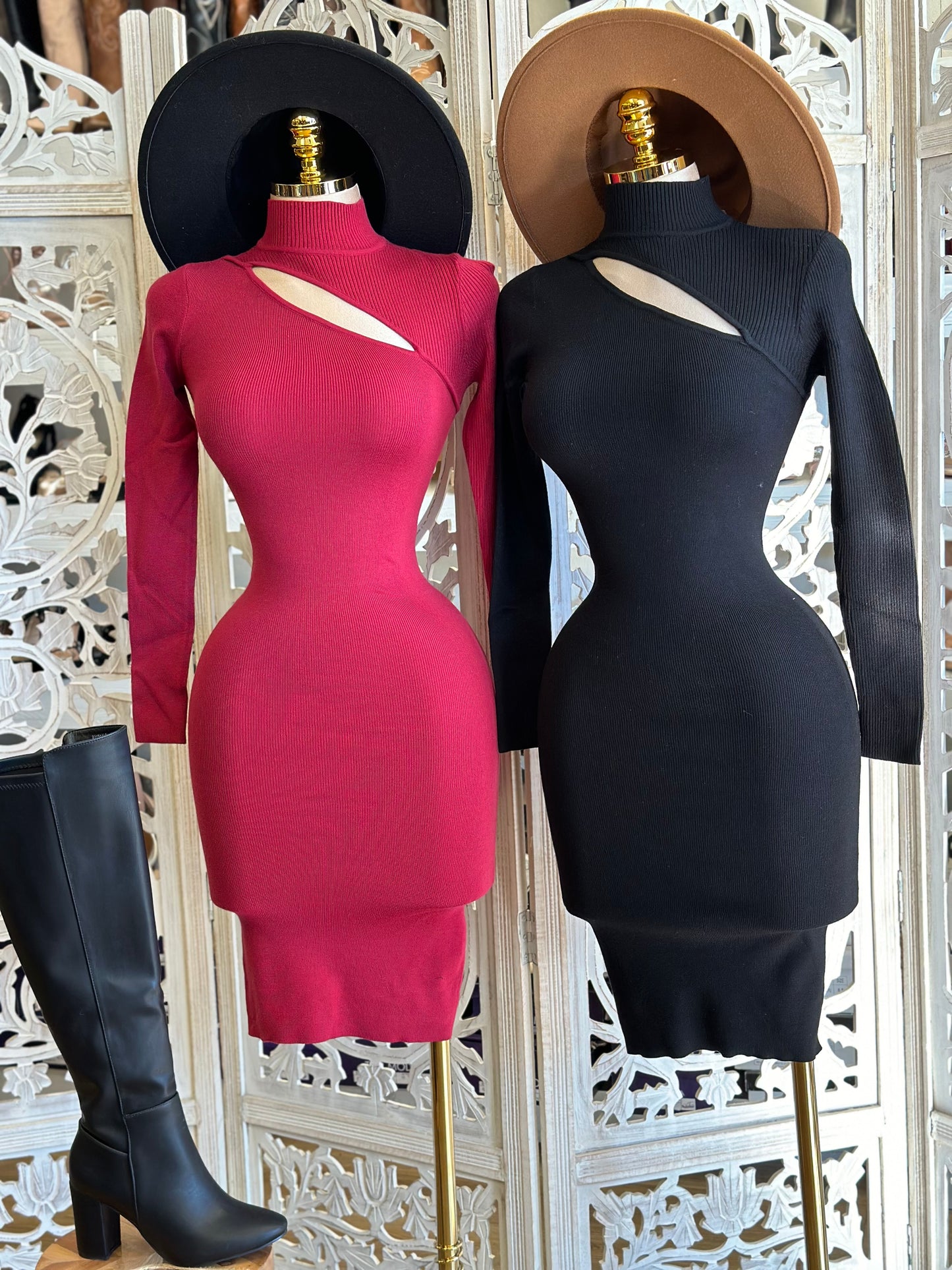 Ribbed Cutout Fitted Sweater Dress- Stretchy,Estira