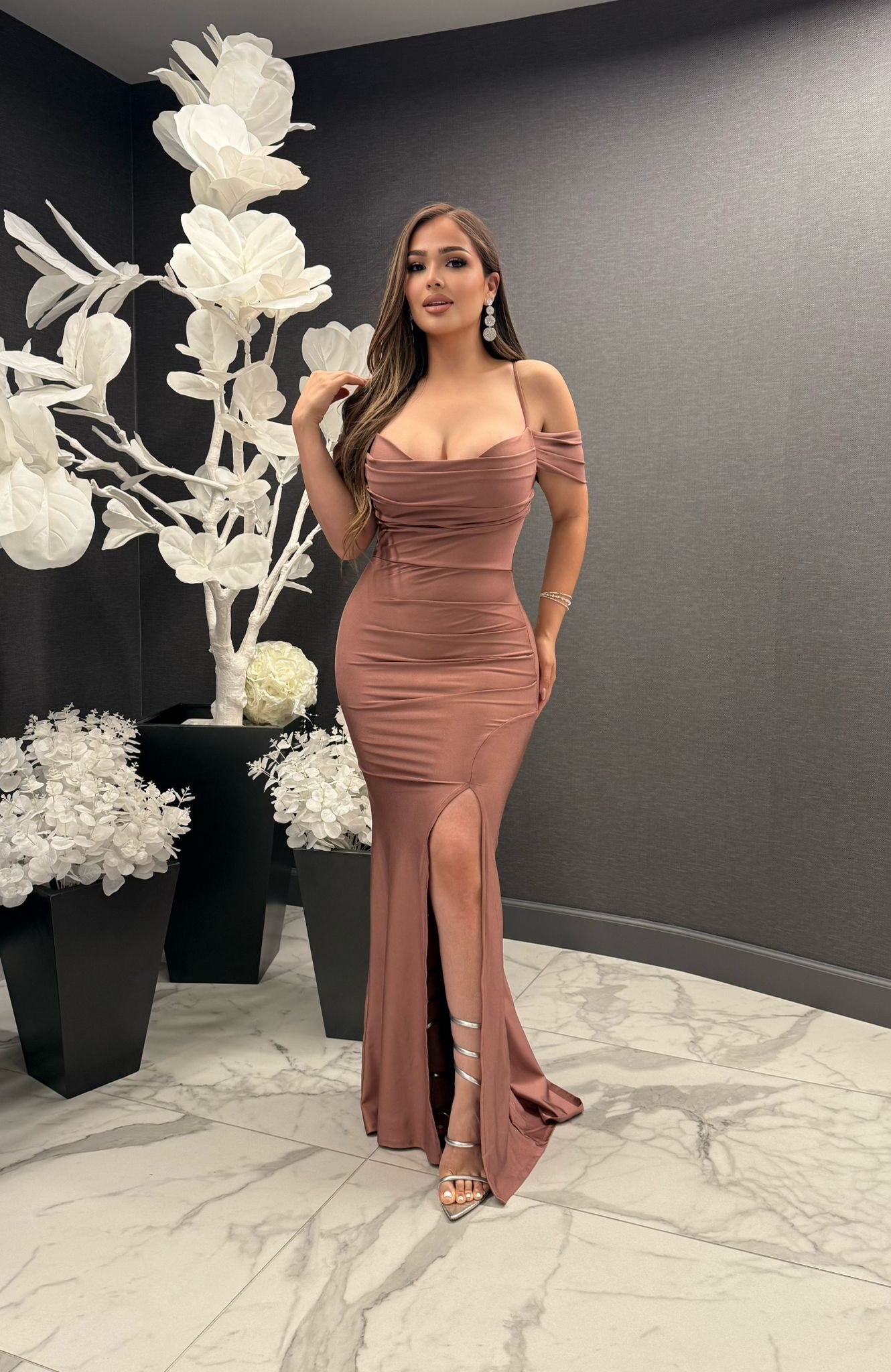 Brier Rose Wrapped Off Shoulder Gown- Stretchy, Estira