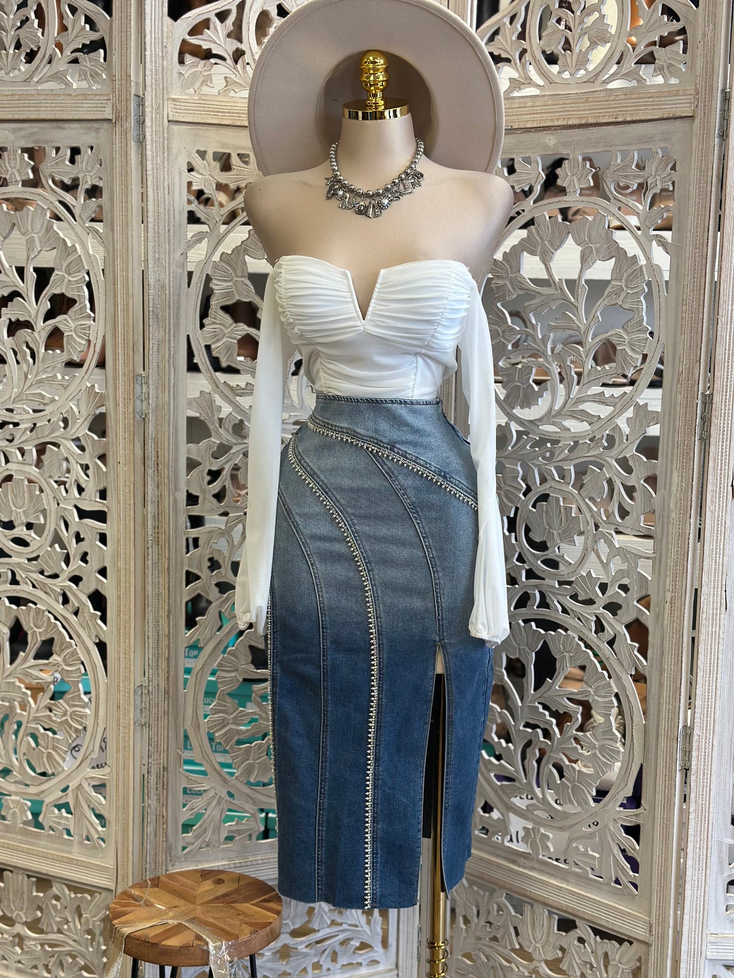 Denim Aymmetrical Rhinestone Midi Skirt-Estira, Stretchy