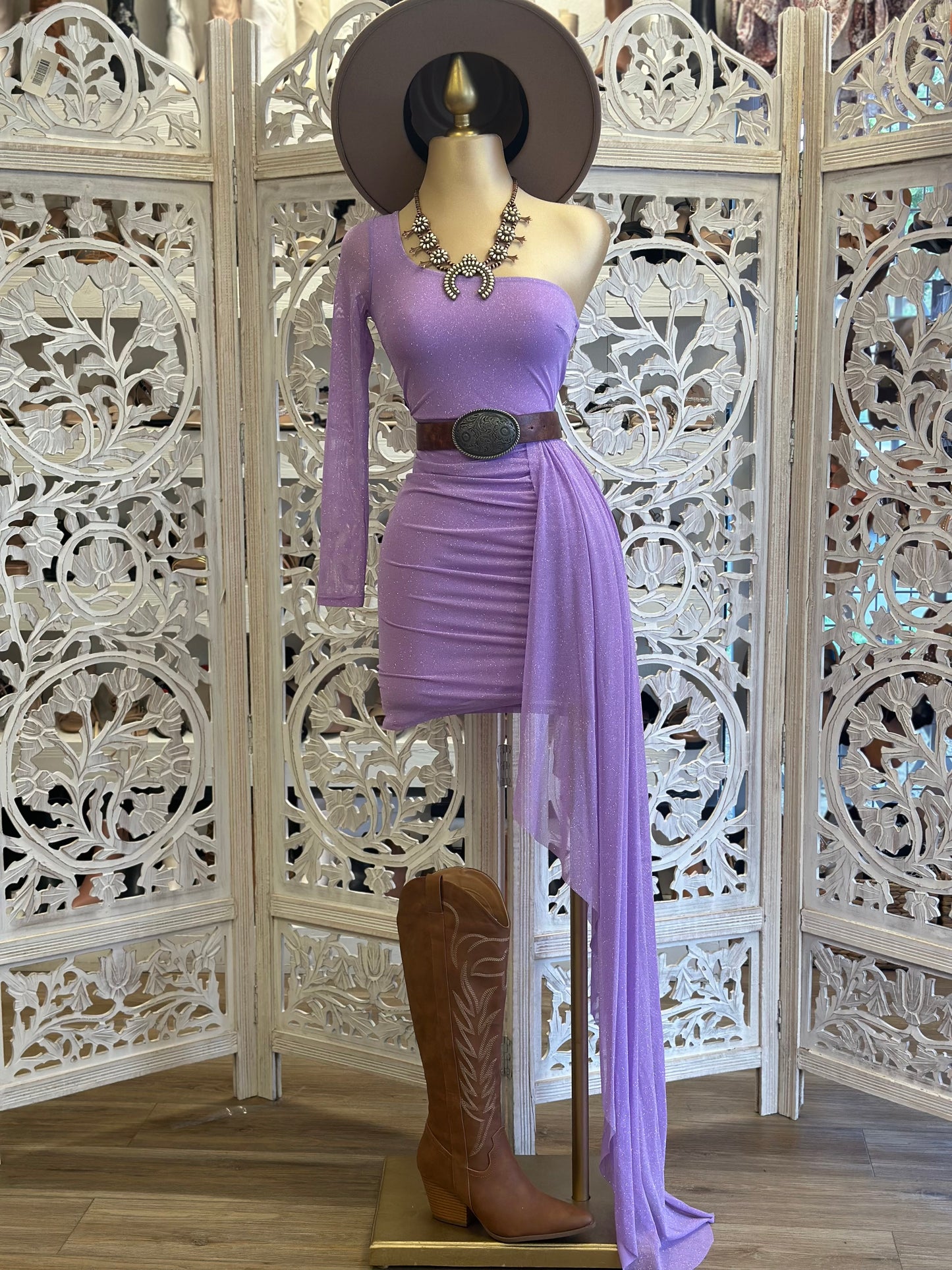 Glitter Purple Off Shoulder Tailed Dress- Stretchy venta final ..