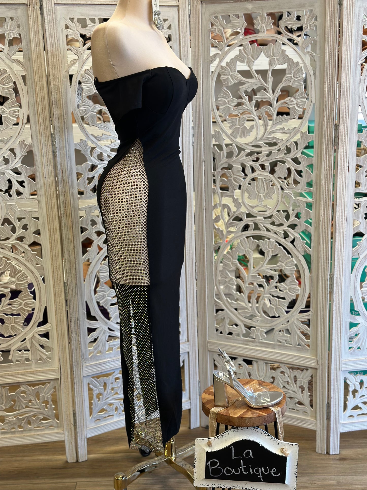 Fishnet Rhinestone Heartline Dress- Stretchy, Estira