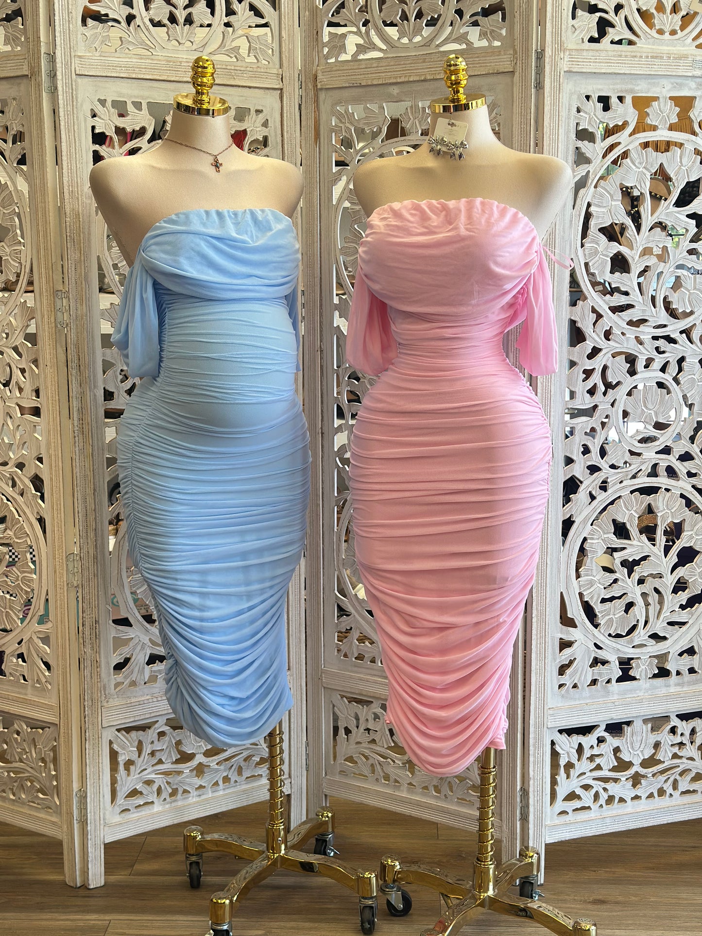 Ruched Off Shoulder Dress- Stretchy, Estira