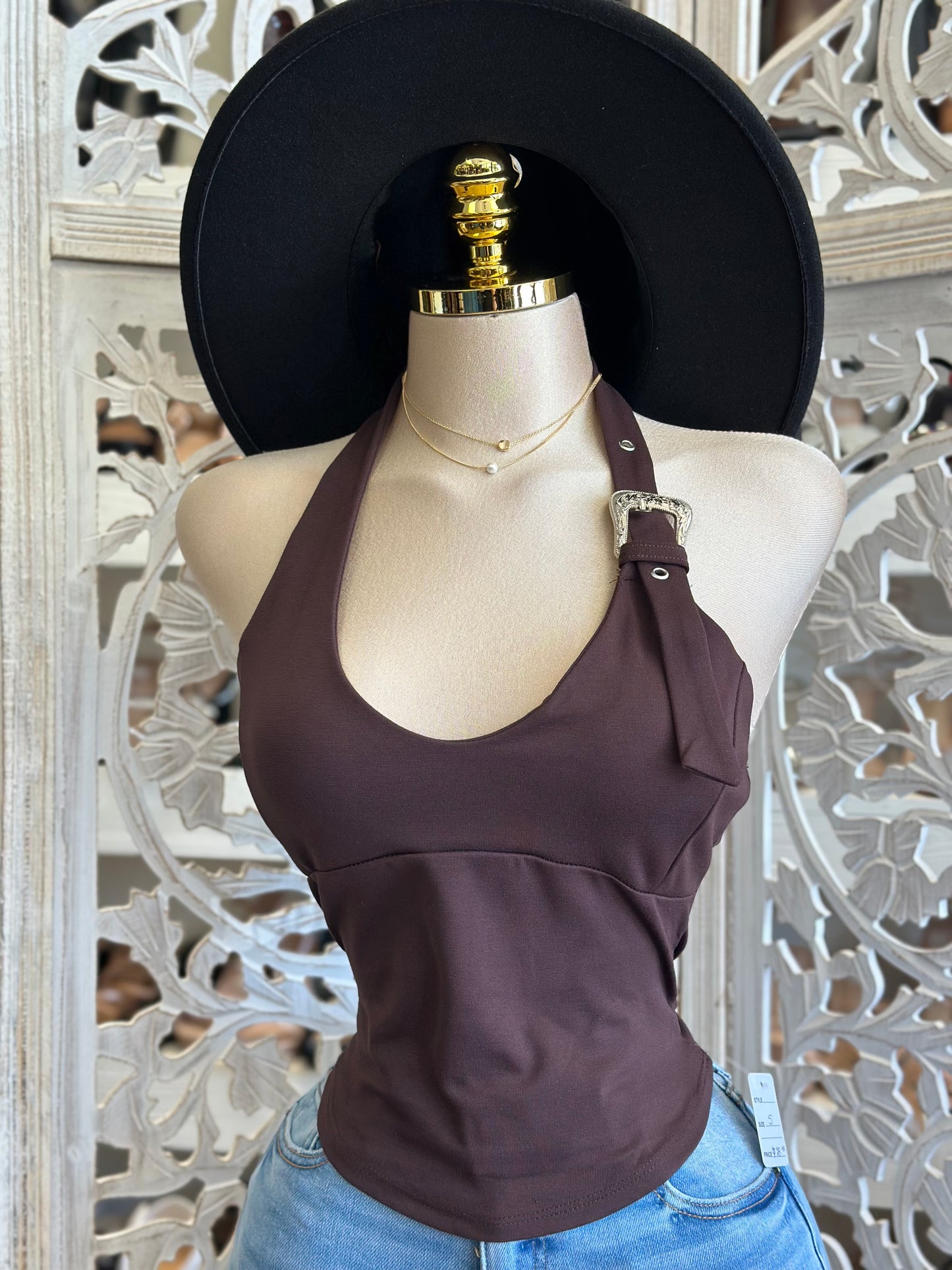 Buckle Open Back Top- Estira, Stretchy