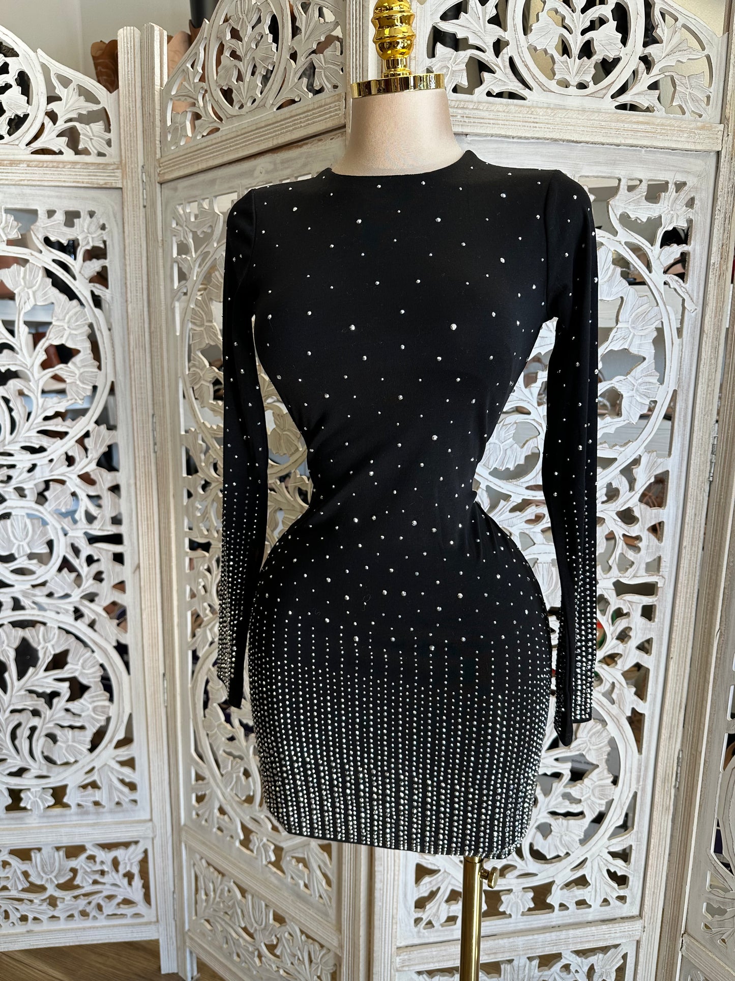 Black Rhinestone Gradient Mini Dress- Stretchy,Estira