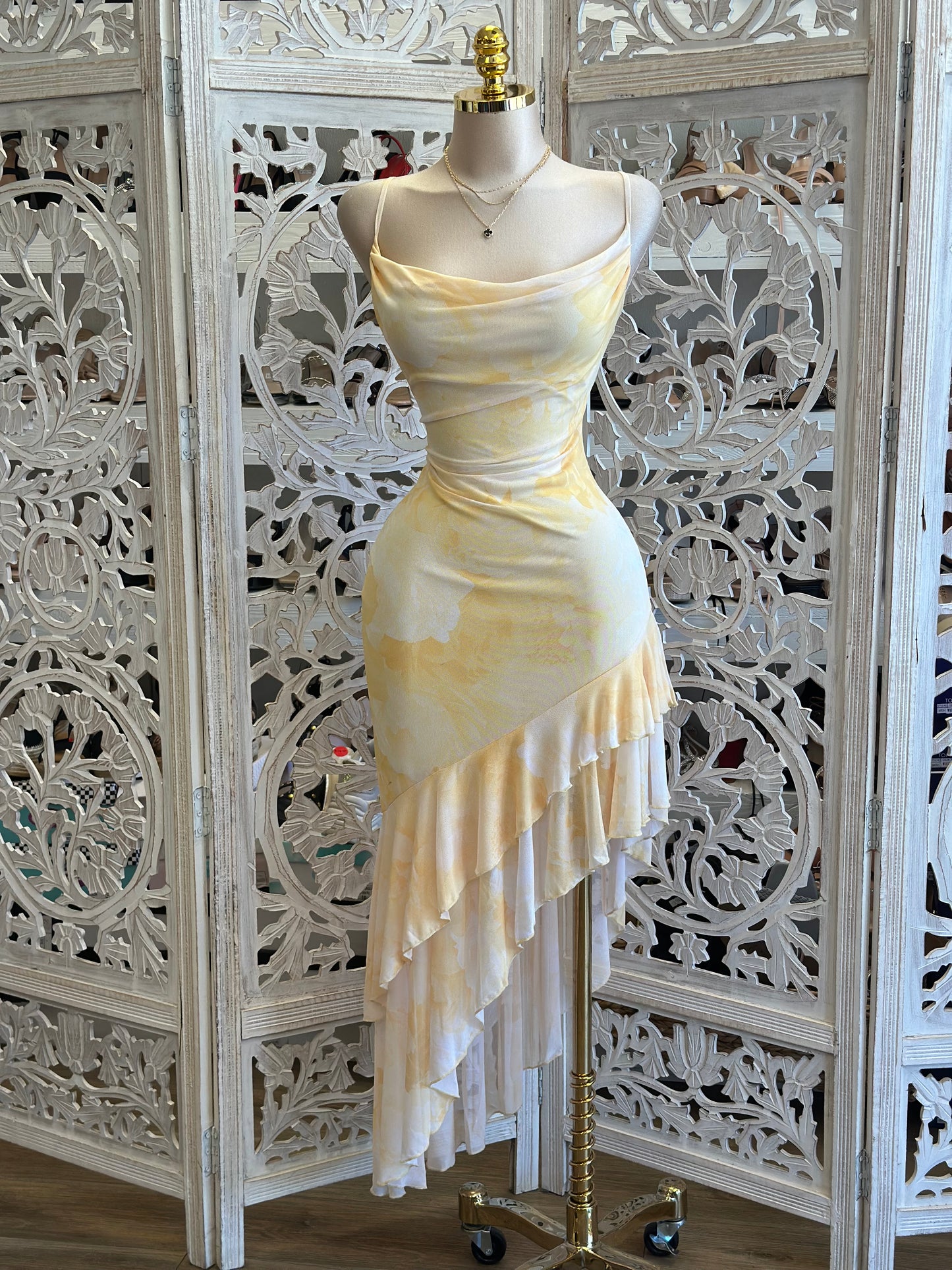 Yellow Print Asymmetrical Dress-Estira, Stretchy