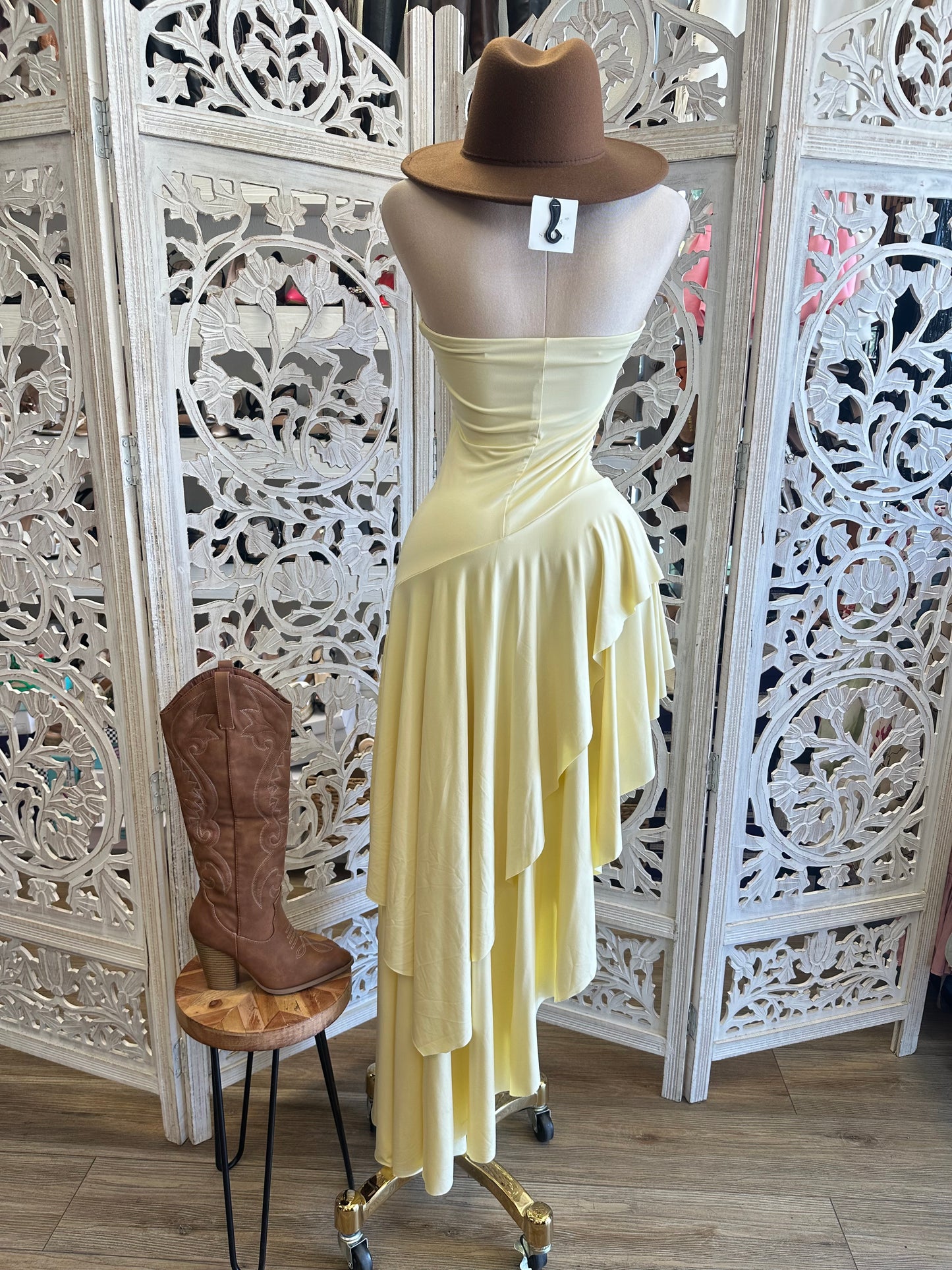 Strapless Butter Yellow Ruffle Dress- Stretchy, Estira