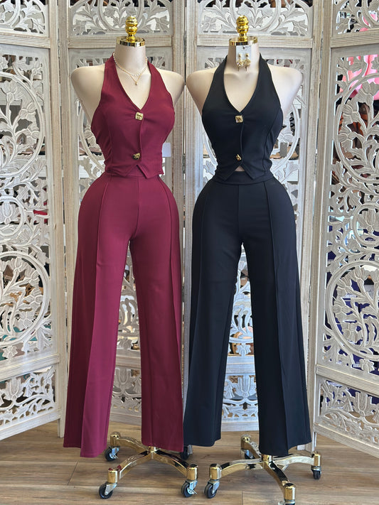 Gold Button Pantsuit Set- Estira Poco, Slightly Stretchy