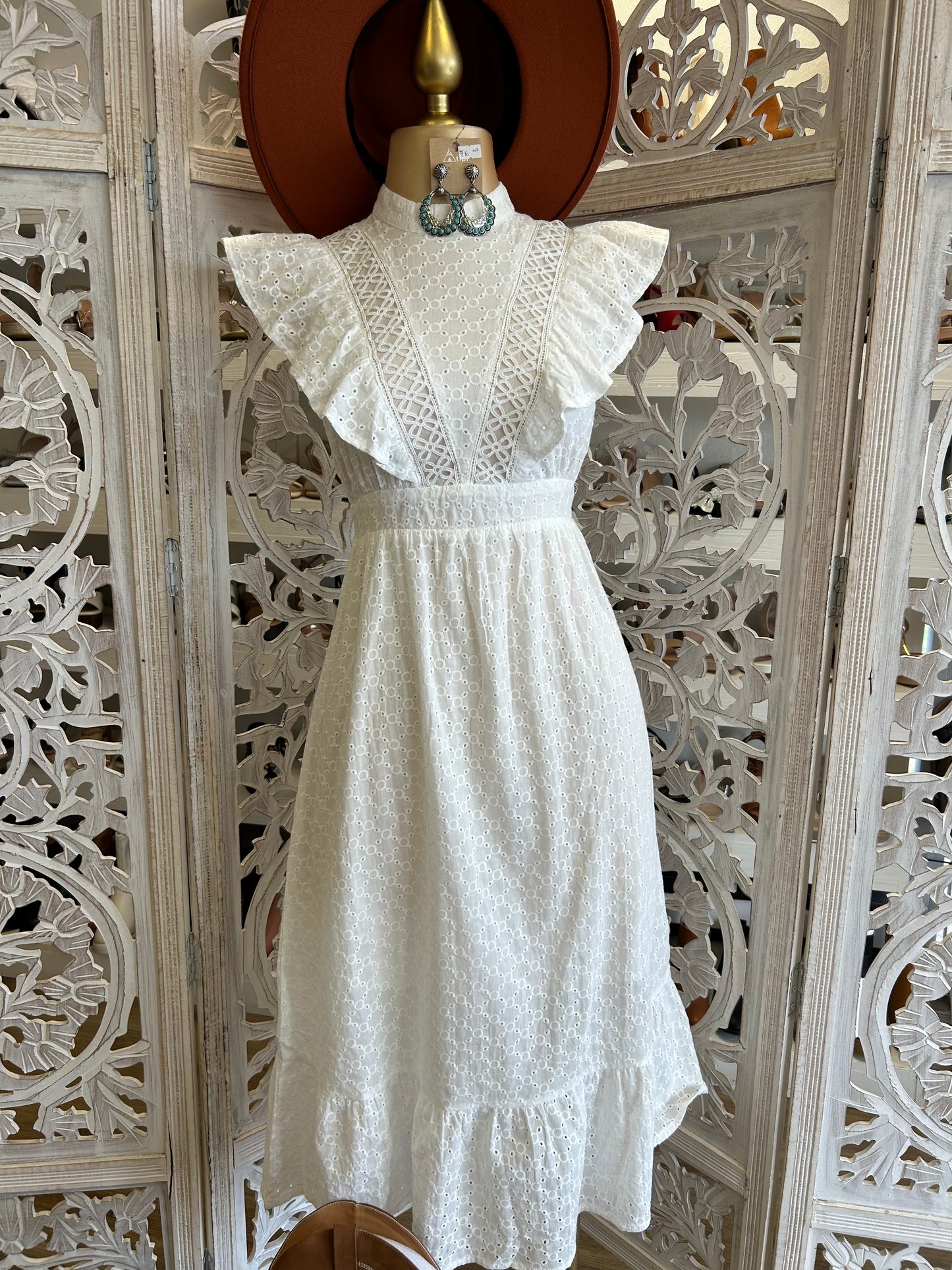 Eyelet Ruffle Midi Dress- Not Stretchy