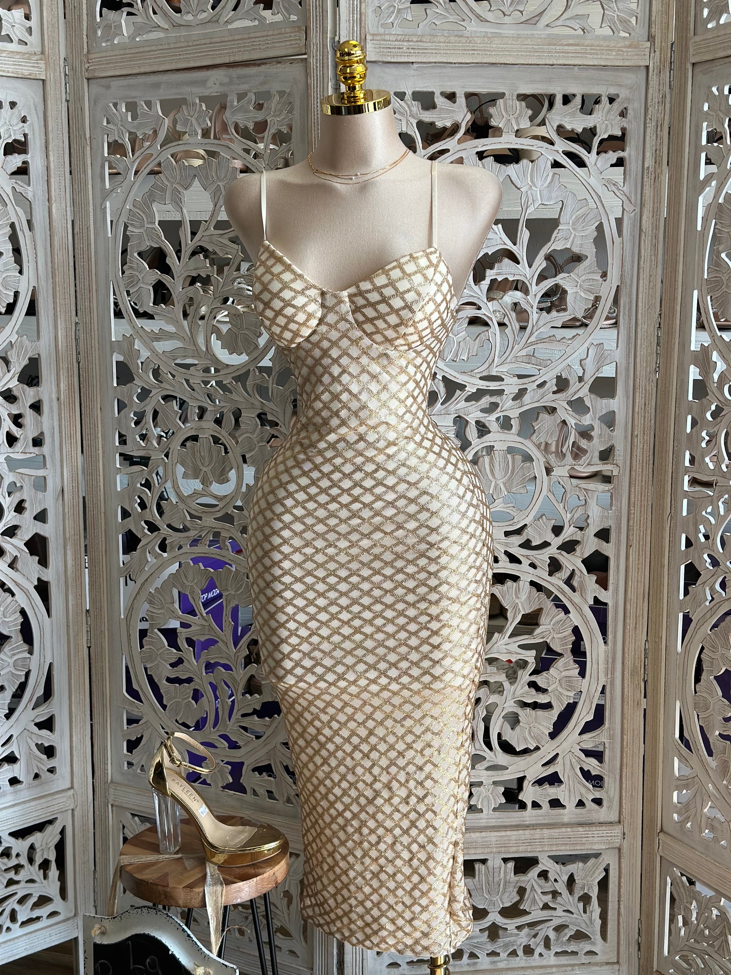Netted Gold Design Cami Dress- Stretchy,Estira