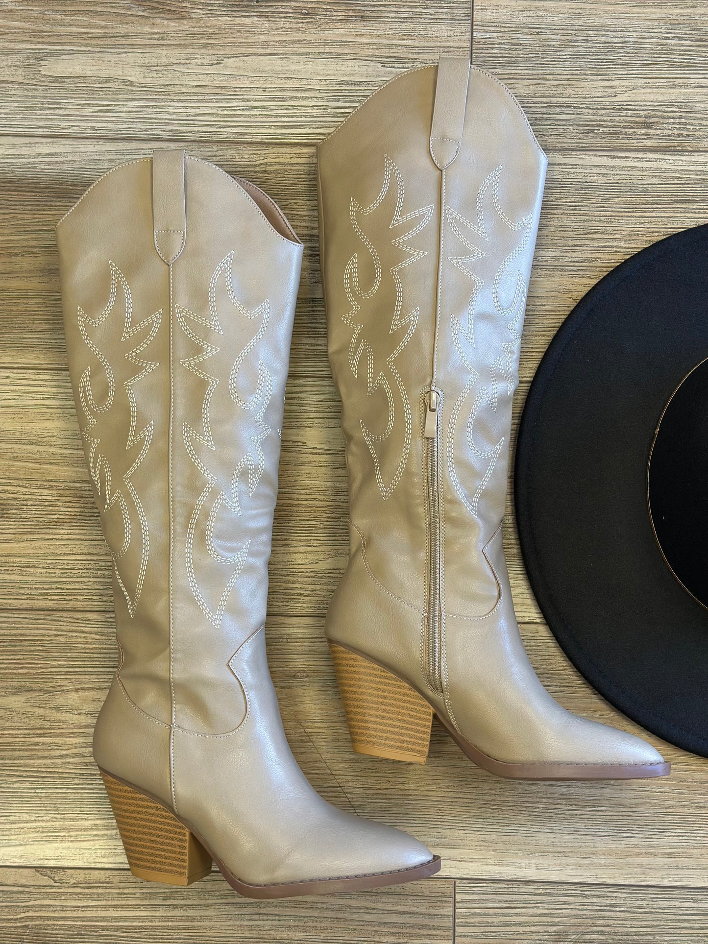 Beige Long Heeled Cowboy Boots