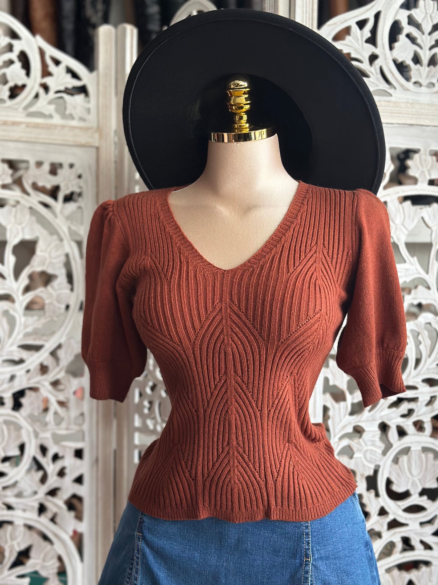 Rust Knit Puff Sleeve Blouse- Estira, Stretchy