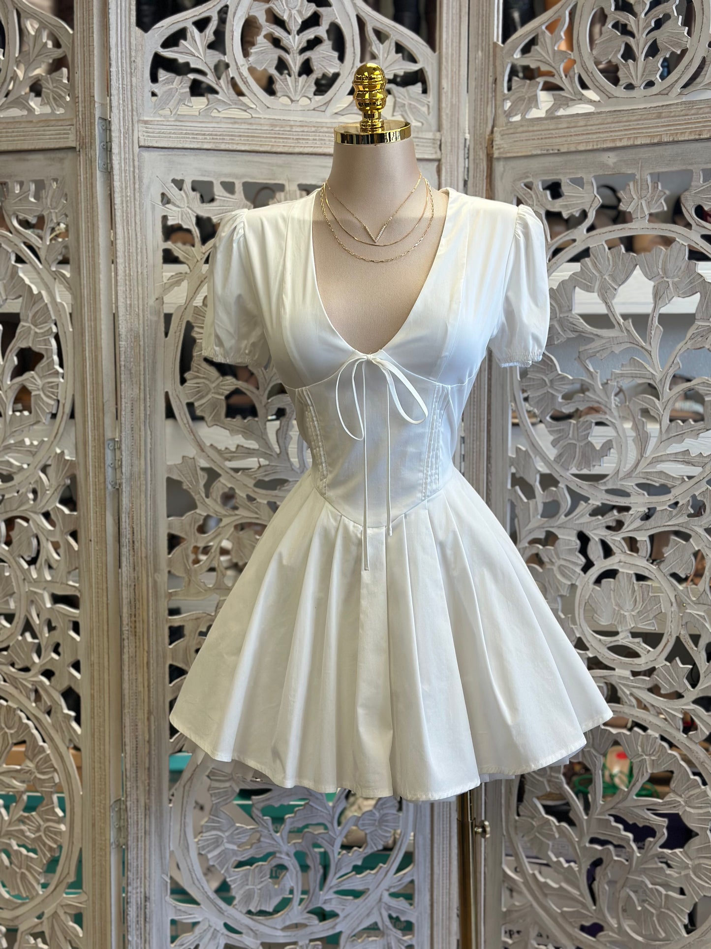 Ivory Ribbon Fluffy Mini Dress- Not Stretchy, No Estira