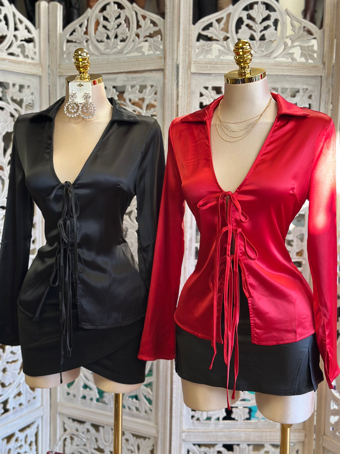 Satin Collard Bow Blouse- Not Estira, Stretchy