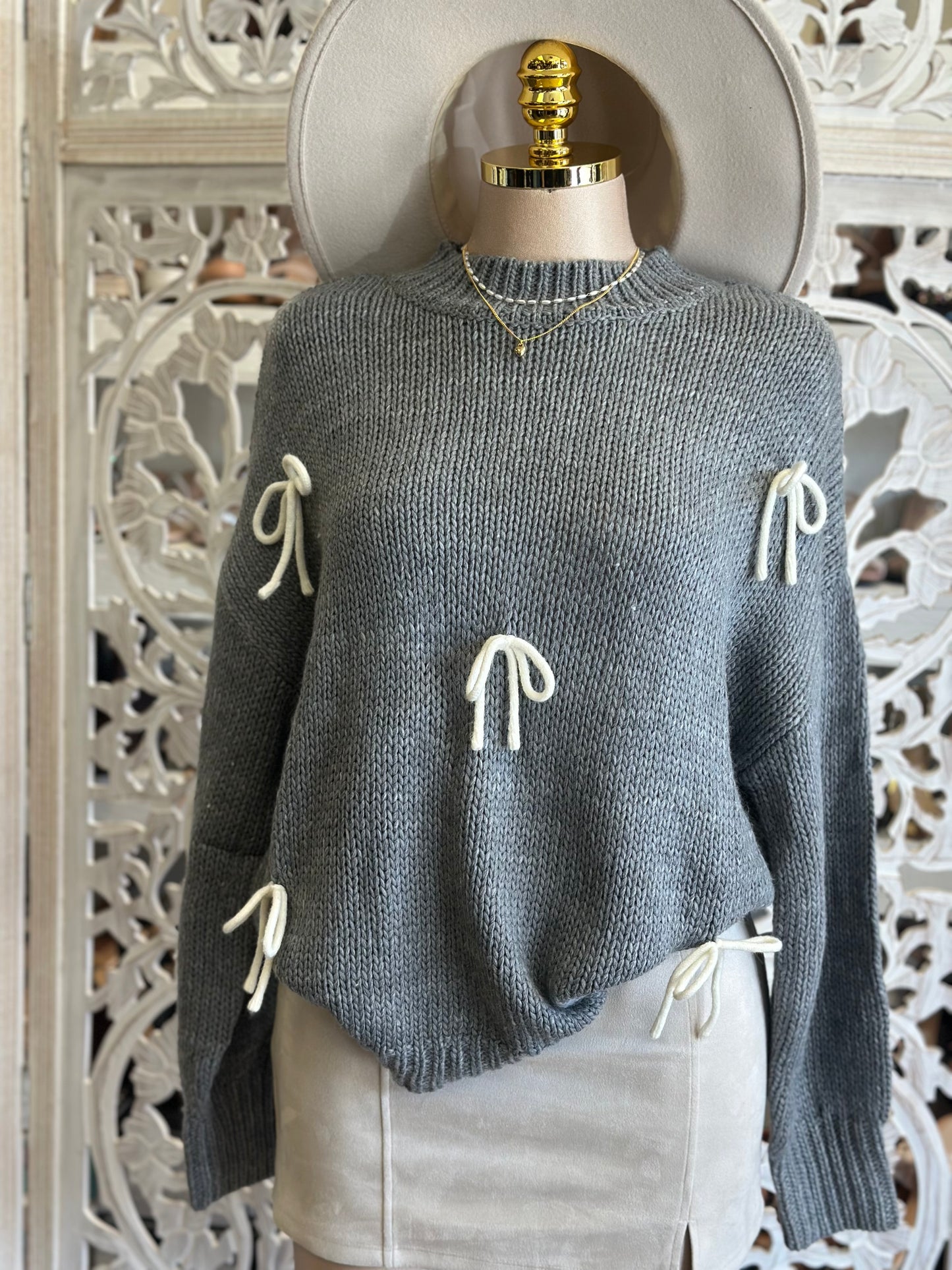 Heather Gray Ribbon Detail Knit Sweater