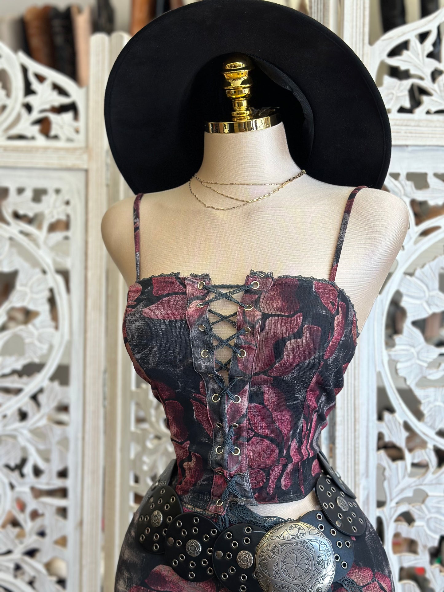 Burgundy Floral Tie Up Set- Stretchy, Estira