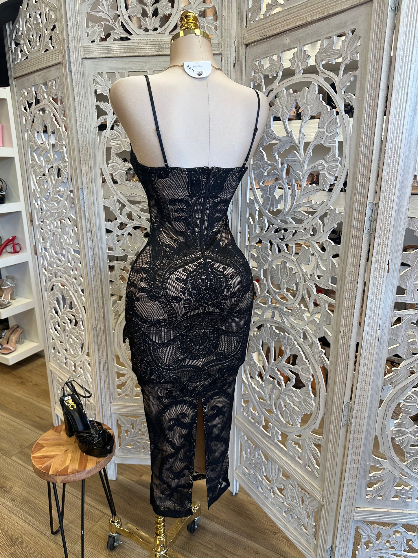 Thin Strap Lace Black Midi Dress- Stretchy,Estira