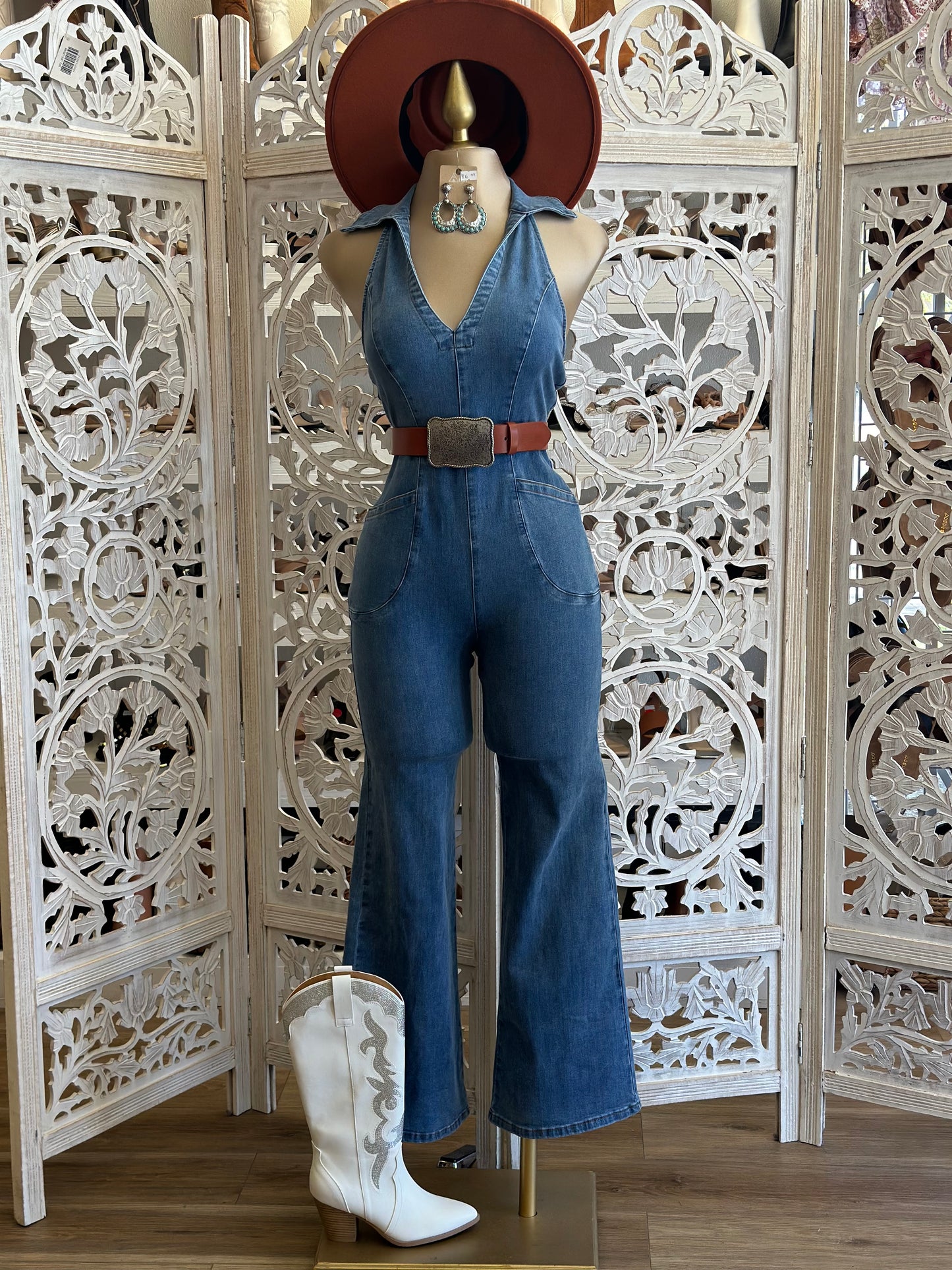 Denim Collard Backless Jumpsuit- Stretchy