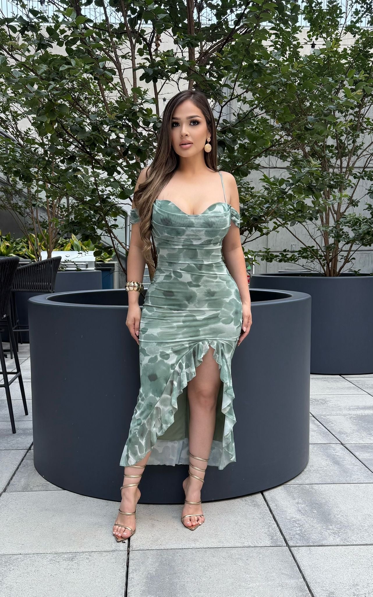 Hazy Brushed Floral Off Shoulder Draped Ruffle Midi Dress-Estira, Stretchy