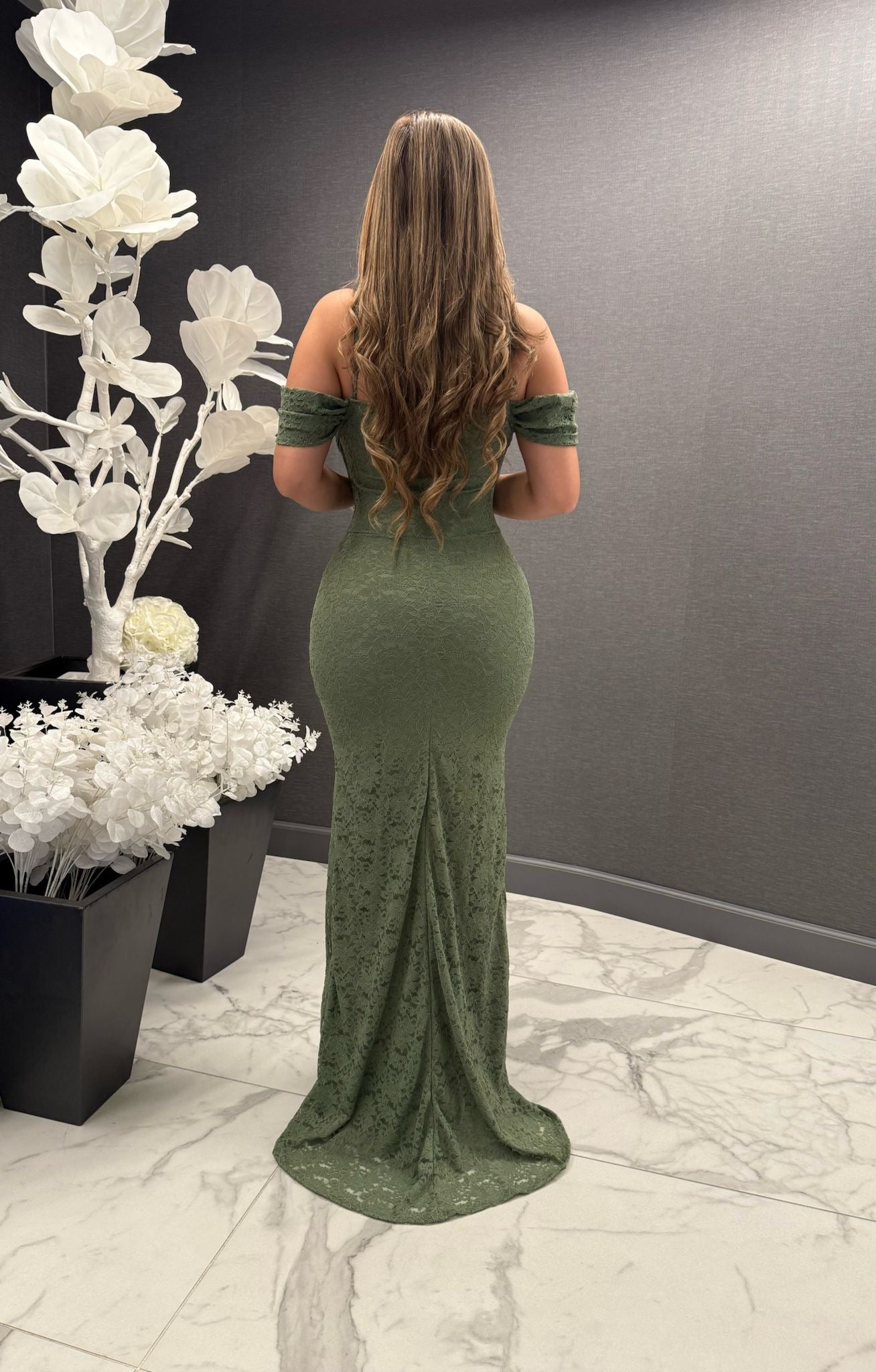 Off Shoulder Olive Floral Dress- Stretchy, Estira