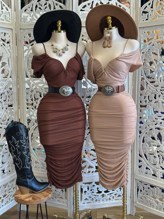 Draped Ruched Midi Bodycon Dress-Estira Stretchy