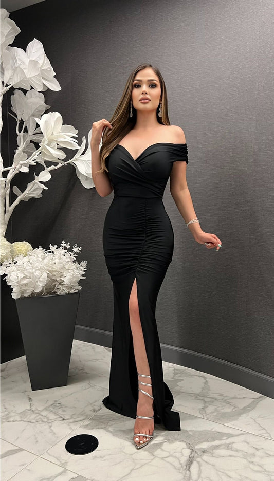 Black Heartline Off Shoulder Gown- Stretchy, Estira
