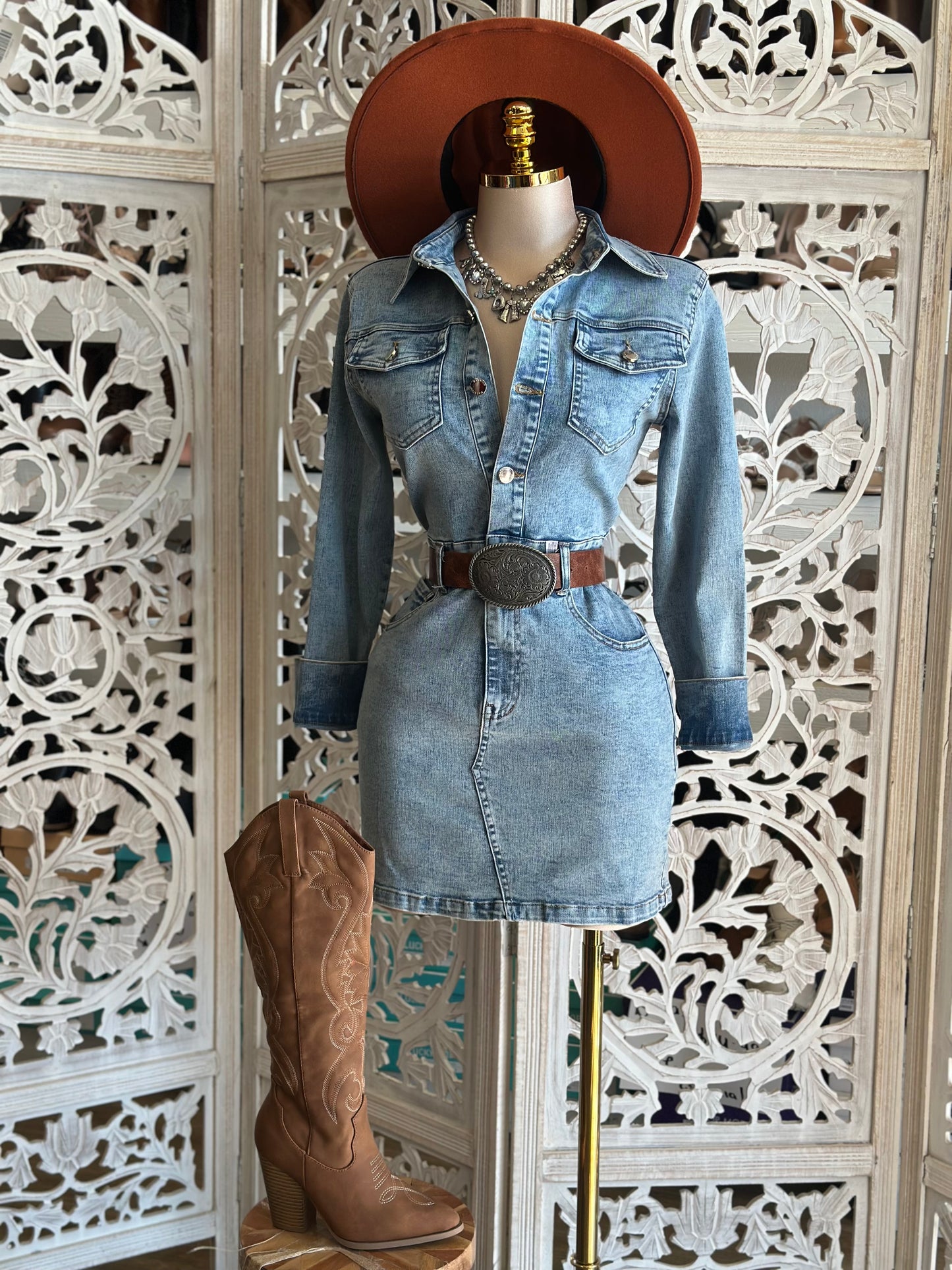 Light Denim Button Mini Dress- Stretchy,Estira