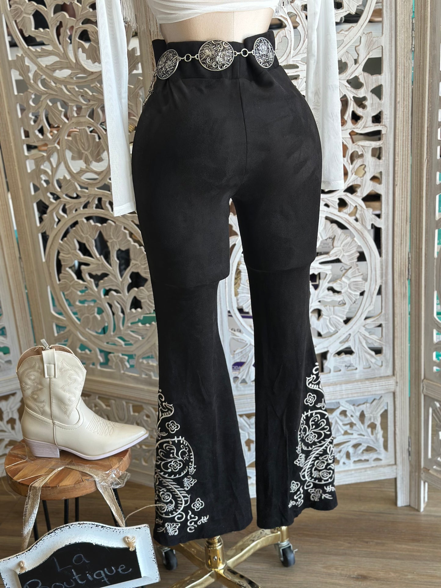 Black Suede Embroidered Flare Pants-Stretchy