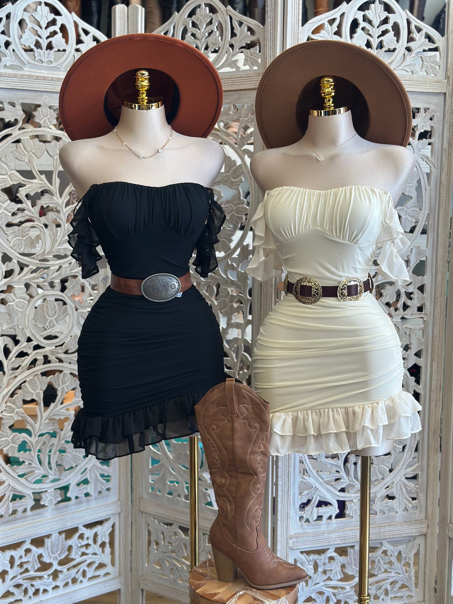 Ruffled Off Shoulder Mini Dress - Estira, Stretchy