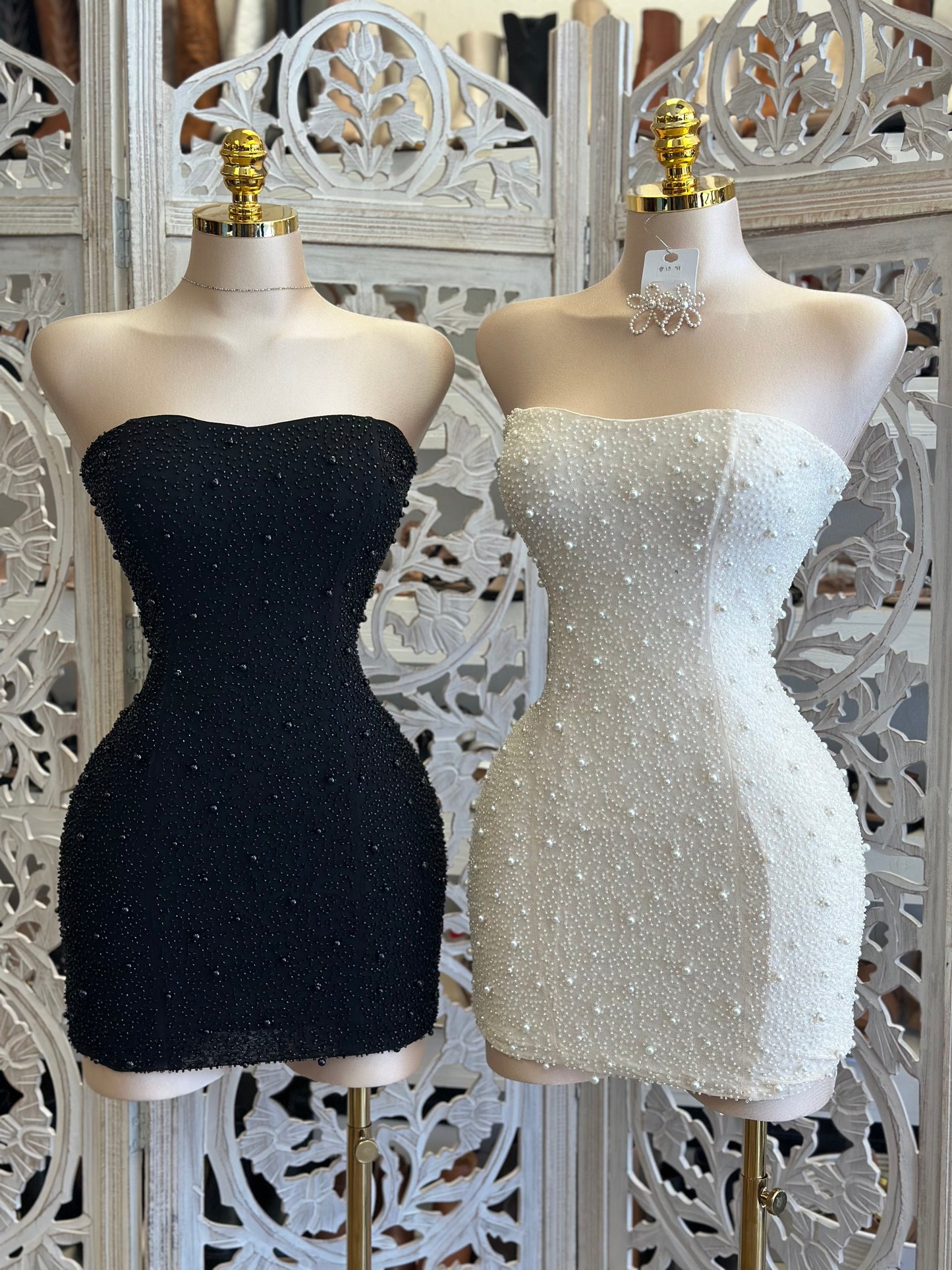 Embellished Pearl Strapless Mini Dress- Stretchy, Estira